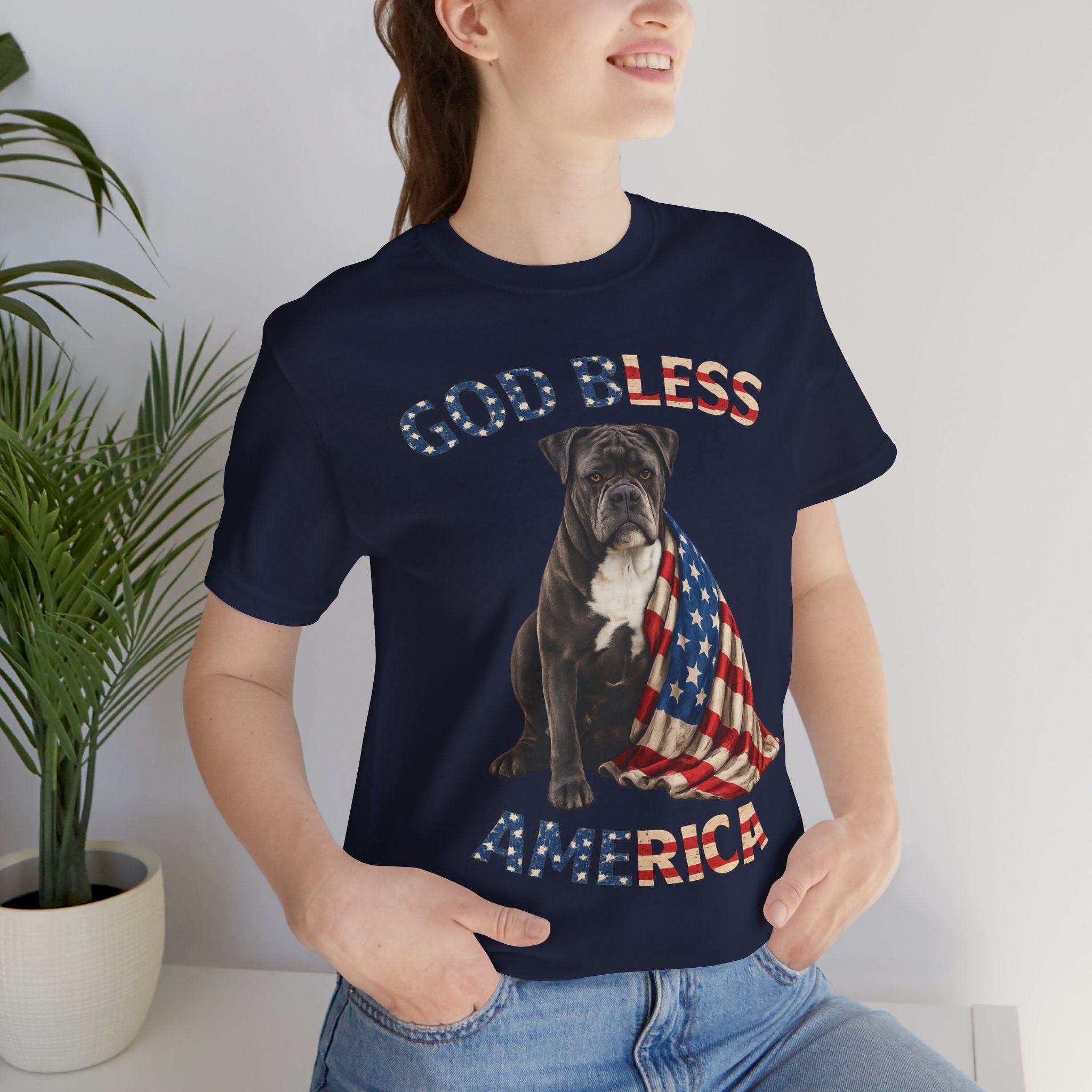 Patriotic Bulldog Tee – "God Bless America" USA Flag Dog T-Shirt