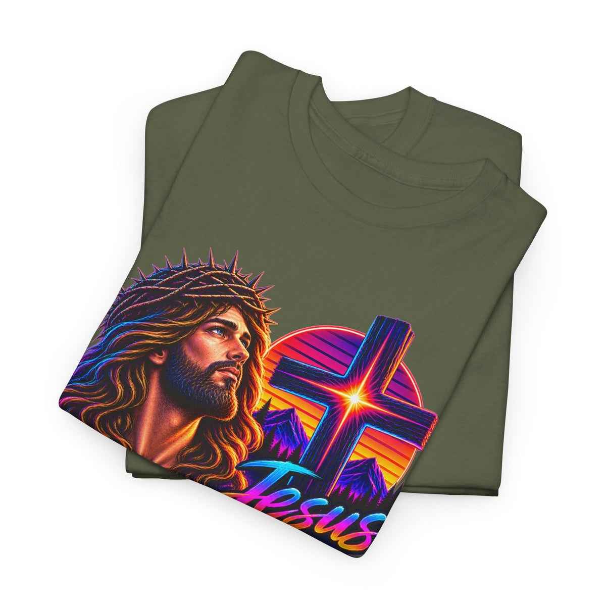 Jesus Is King T-Shirt — Neon Portrait Cross Christian Tee