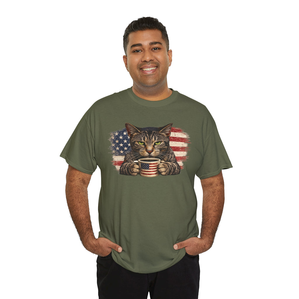 American Flag Cat T‑Shirt — Patriotic Kitten with Coffee Cup
