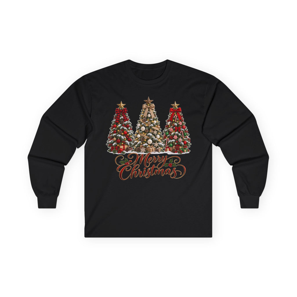 Long Sleeve Tee — Festive 'Merry Christmas' Triple Tree Holiday Graphic