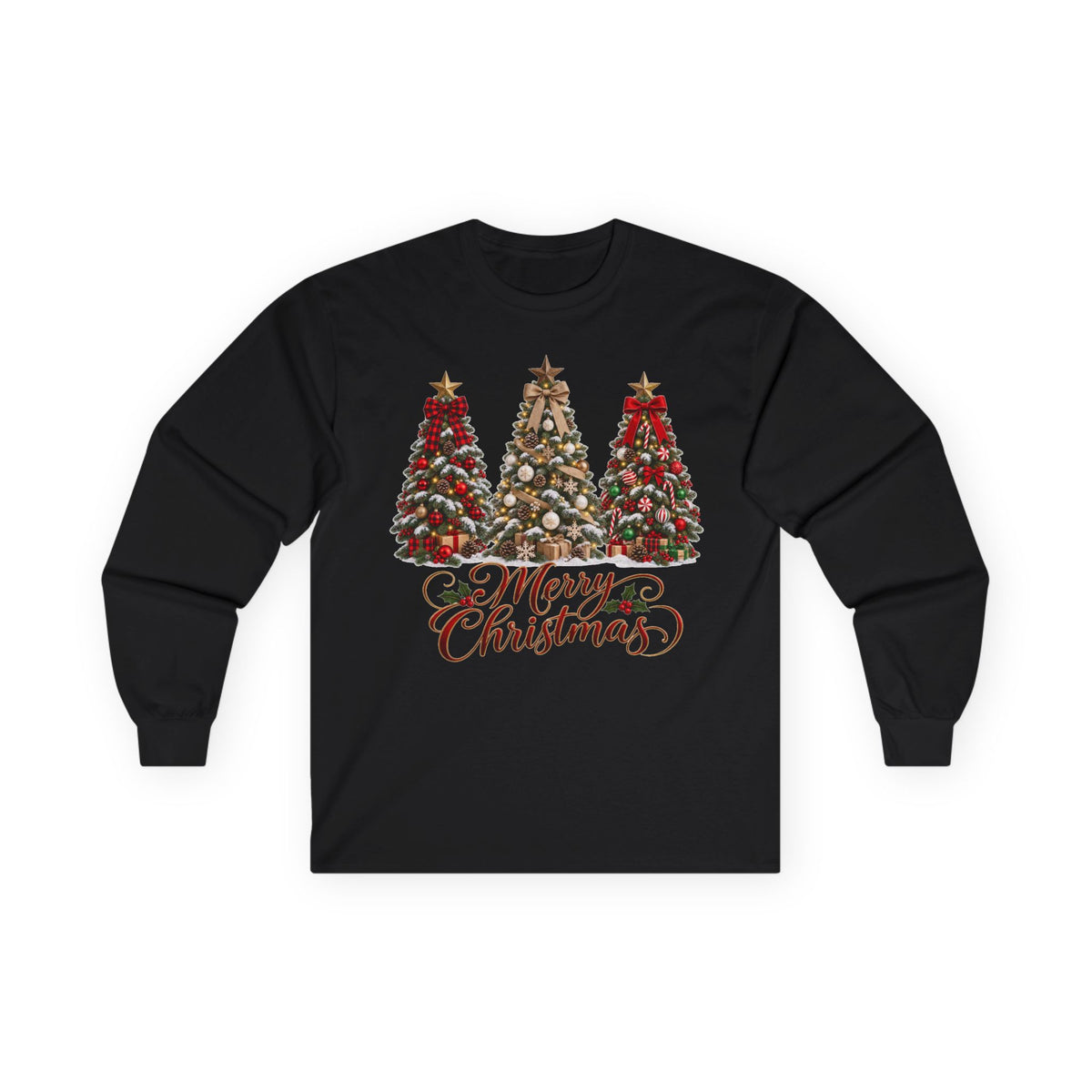 Long Sleeve Tee — Festive 'Merry Christmas' Triple Tree Holiday Graphic