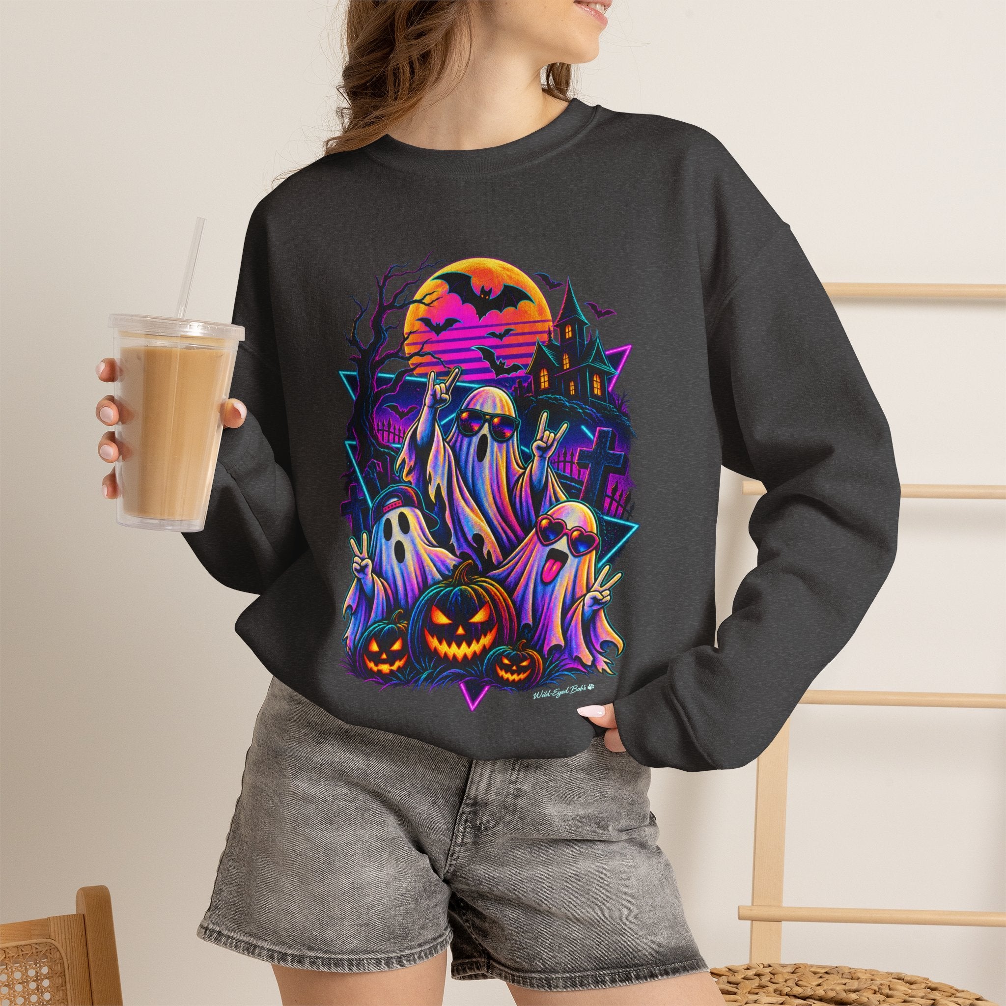 Halloween Neon Ghosts Crewneck Sweatshirt — Retro Pumpkin Haunted House Tee