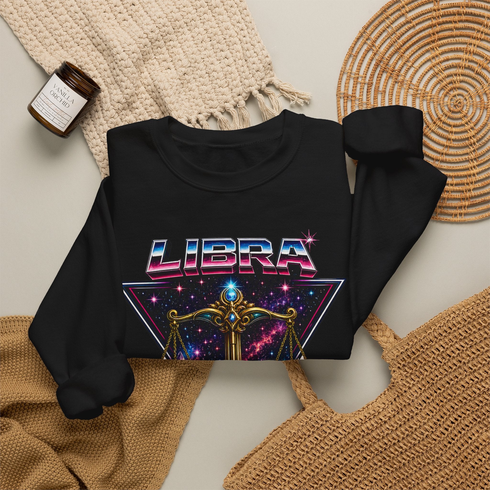 Libra Zodiac Crewneck Sweatshirt — Retro Cosmic Scales Astrology Graphic