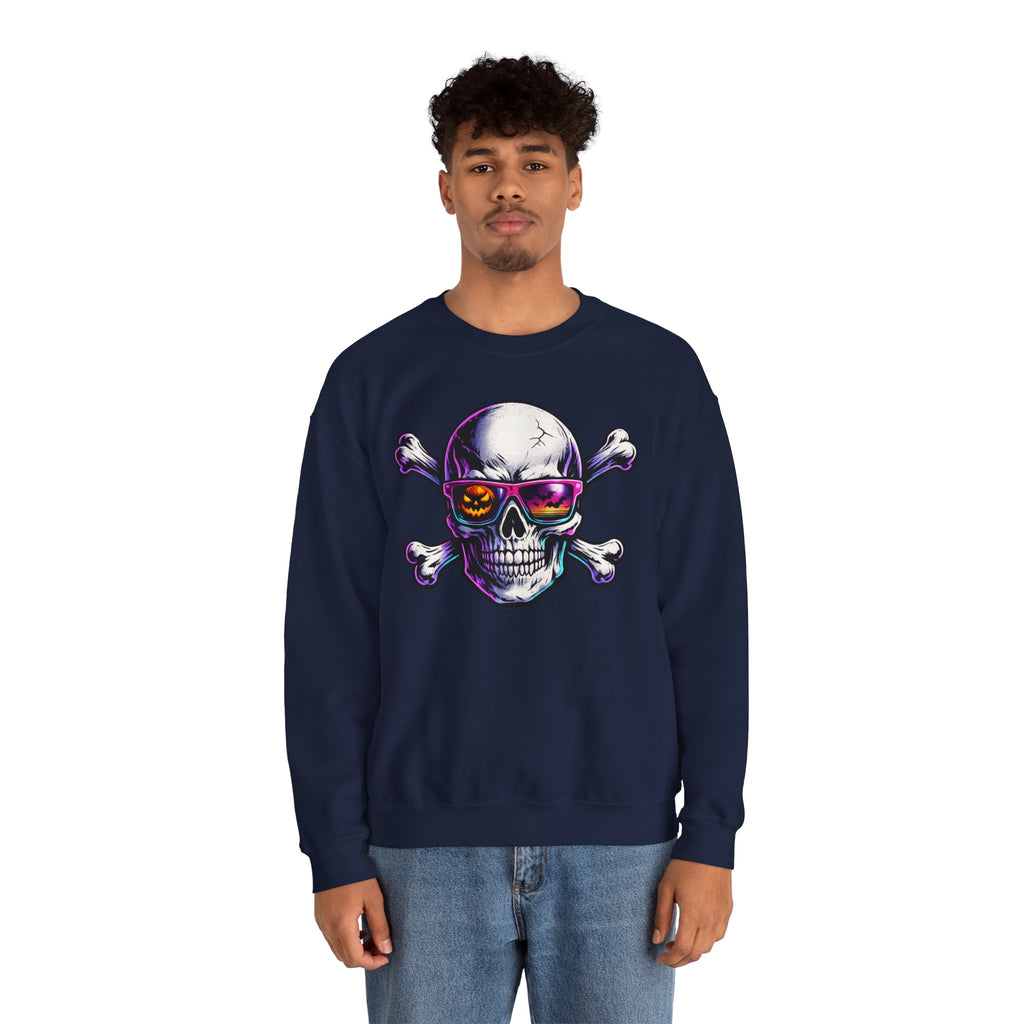 Skull & Crossbones Crewneck Sweatshirt — Neon Sunglasses Halloween Skull Graphic