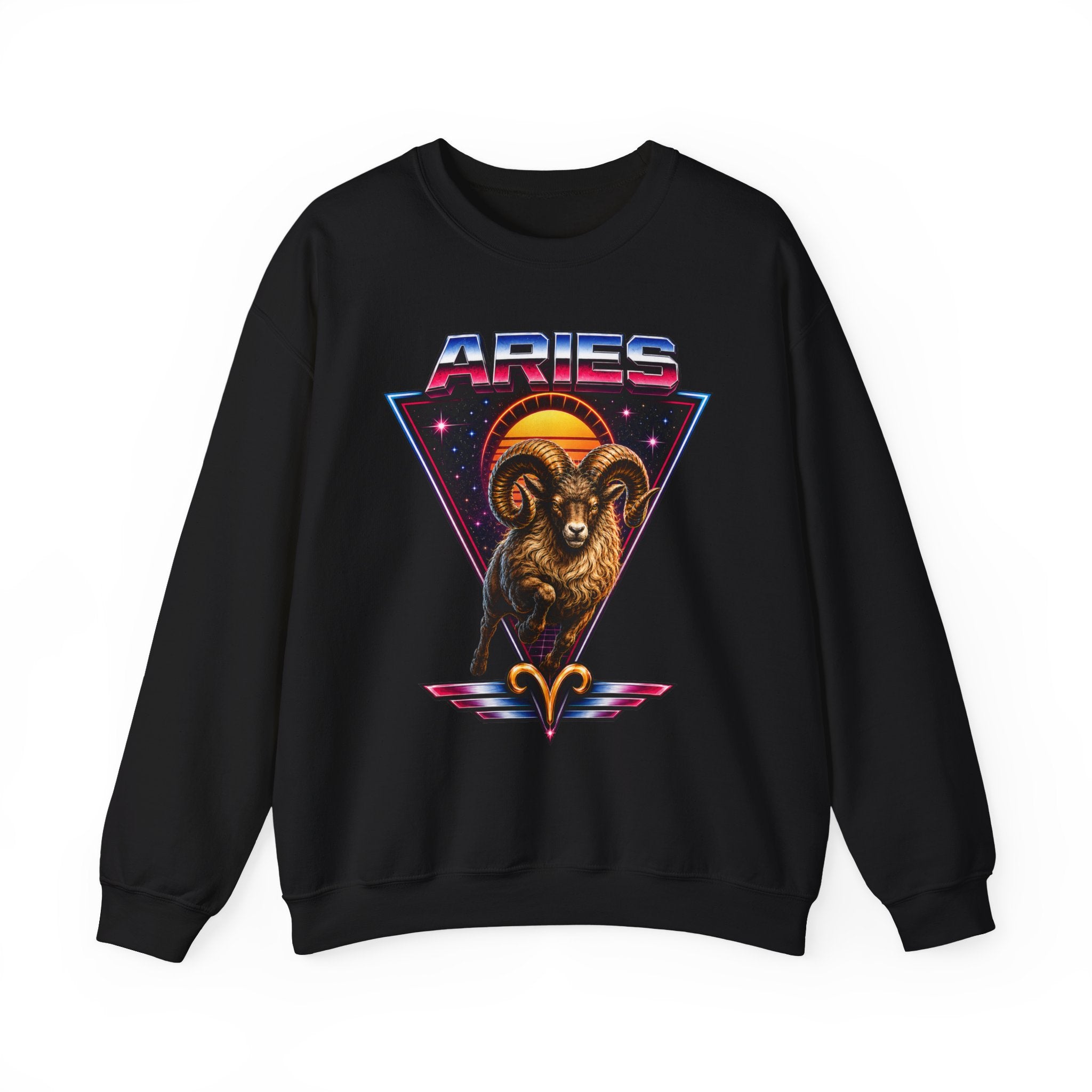 Aries Zodiac Crewneck Sweatshirt — 80s Retro Ram Astrology Graphic