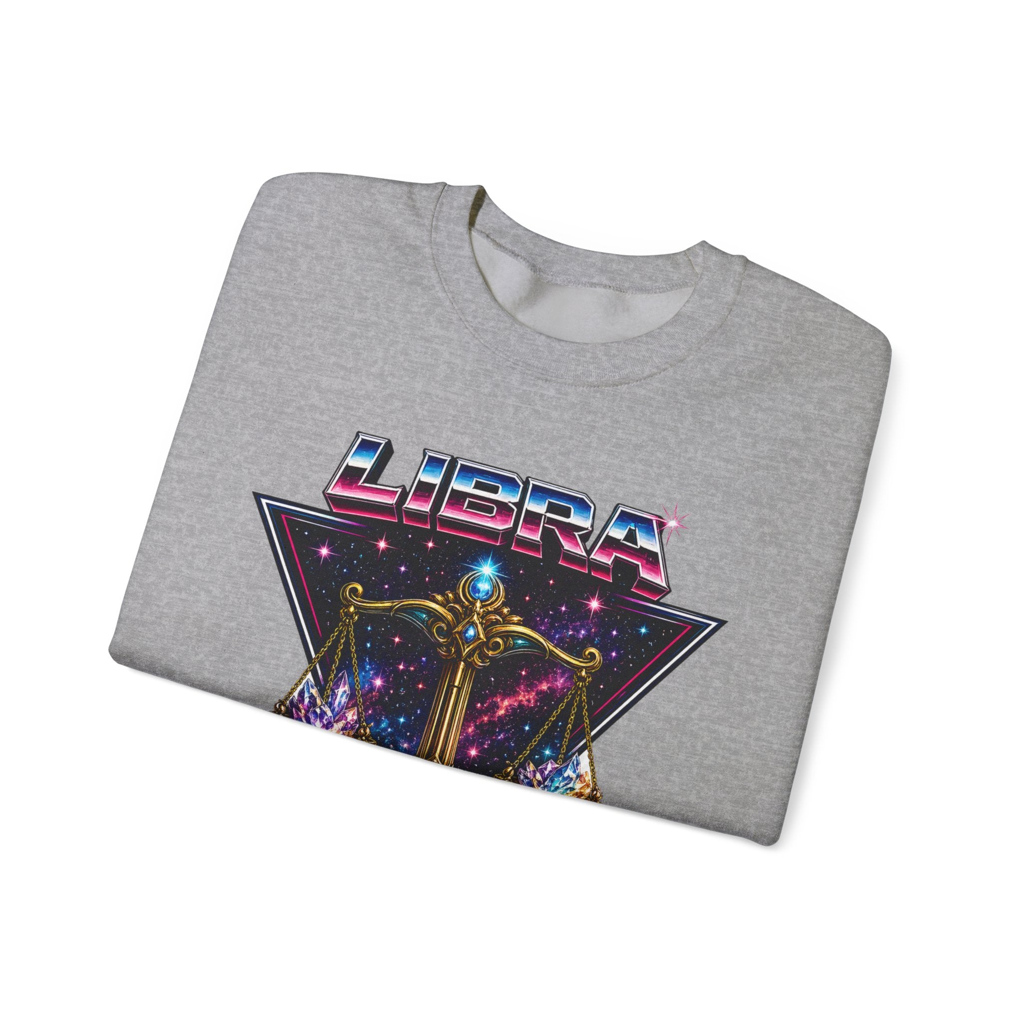Libra Zodiac Crewneck Sweatshirt — Retro Cosmic Scales Astrology Graphic