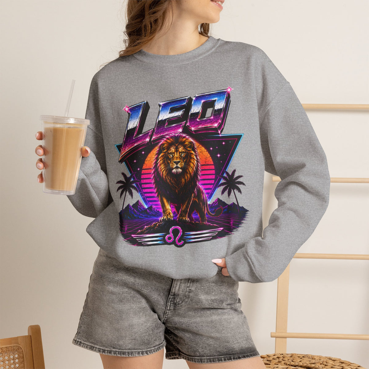 Leo Zodiac Crewneck Sweatshirt — Retro Neon Lion Astrology Design