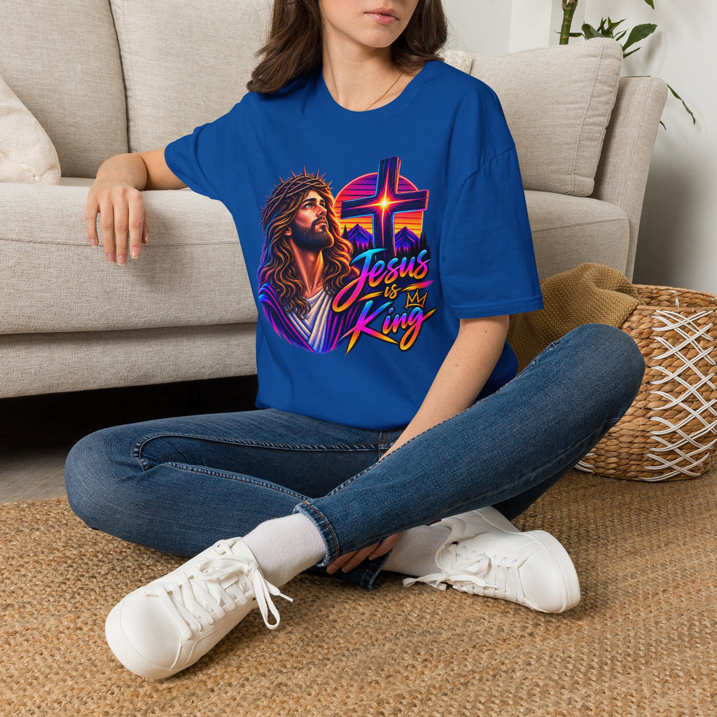 Jesus Is King T‑Shirt — Retro Neon Cross & Christ Portrait