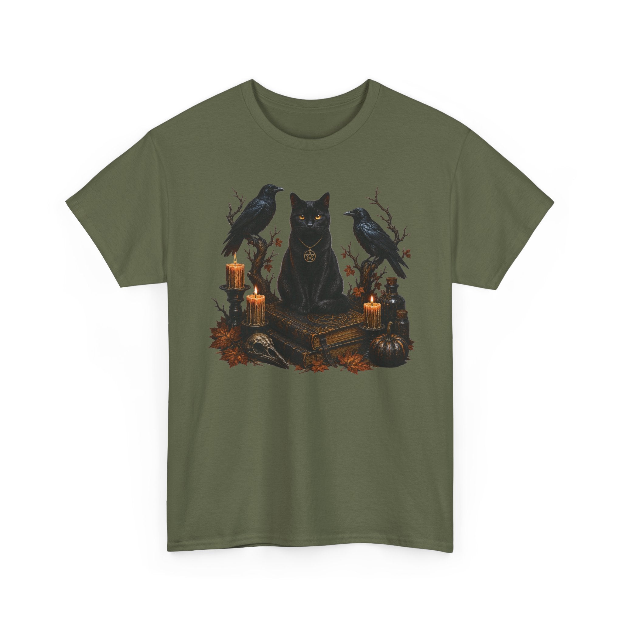 Witchy Black Cat T-Shirt — Candlelit Raven & Grimoire Gothic Tee