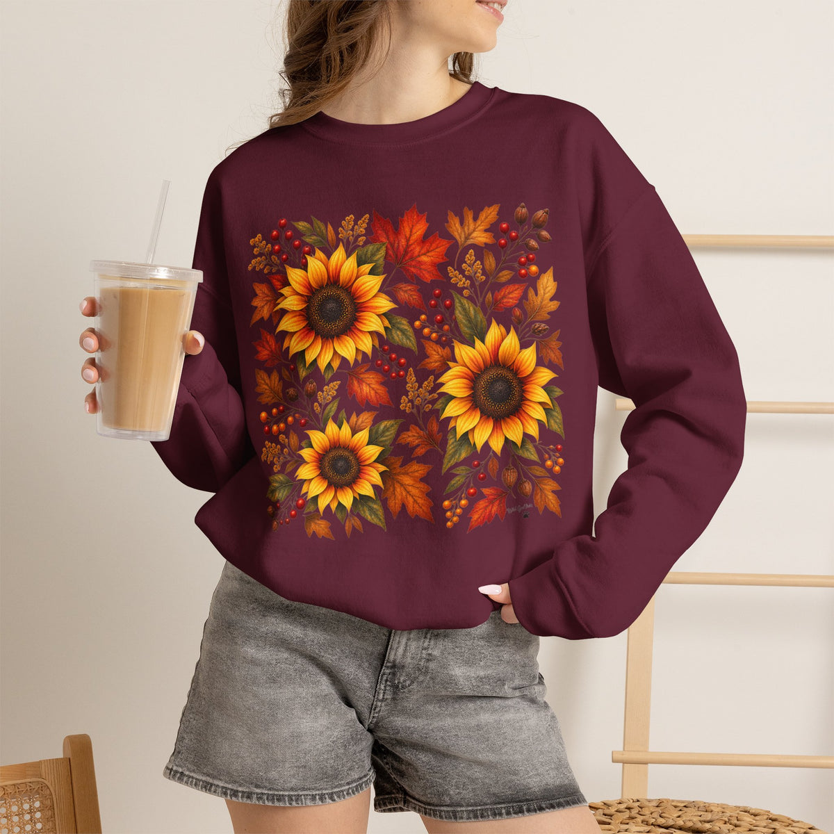 Sunflower Fall Sweatshirt - Autumn Leaves Crewneck for Women & Men