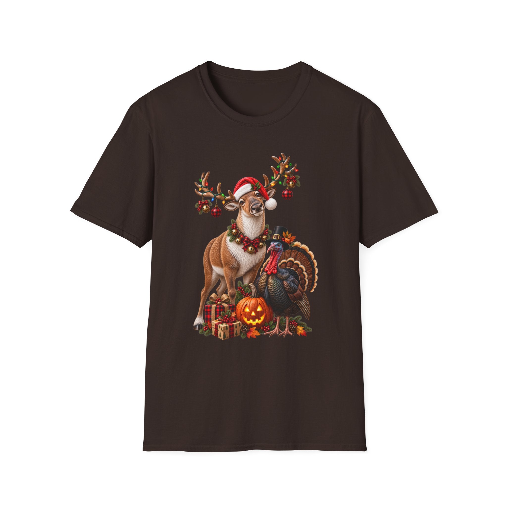 Three Holidays-One Shirt - Christmas Reindeer ,Turkey & Jack O Lantern Graphic T‑Shirt