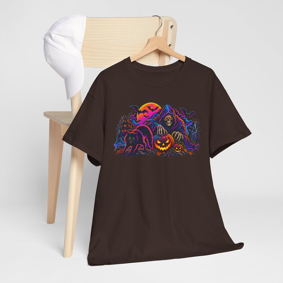 Halloween Grim Reaper Jack-O'-Lantern Tee — Retro Neon Spooky Skull Shirt