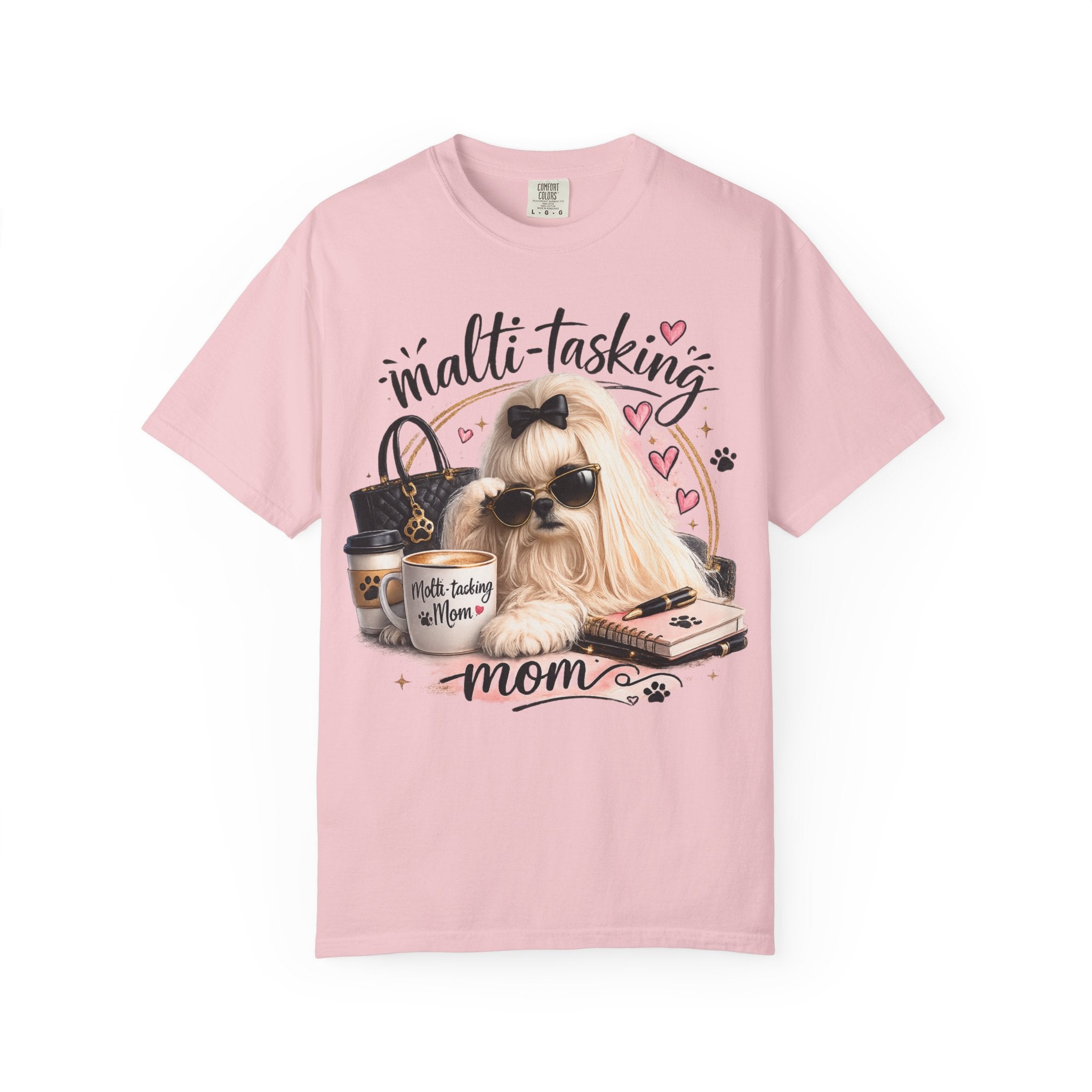 Multi-Tasking Mom T-Shirt – Cute Maltese Dog with Coffee & Handbag Graphic