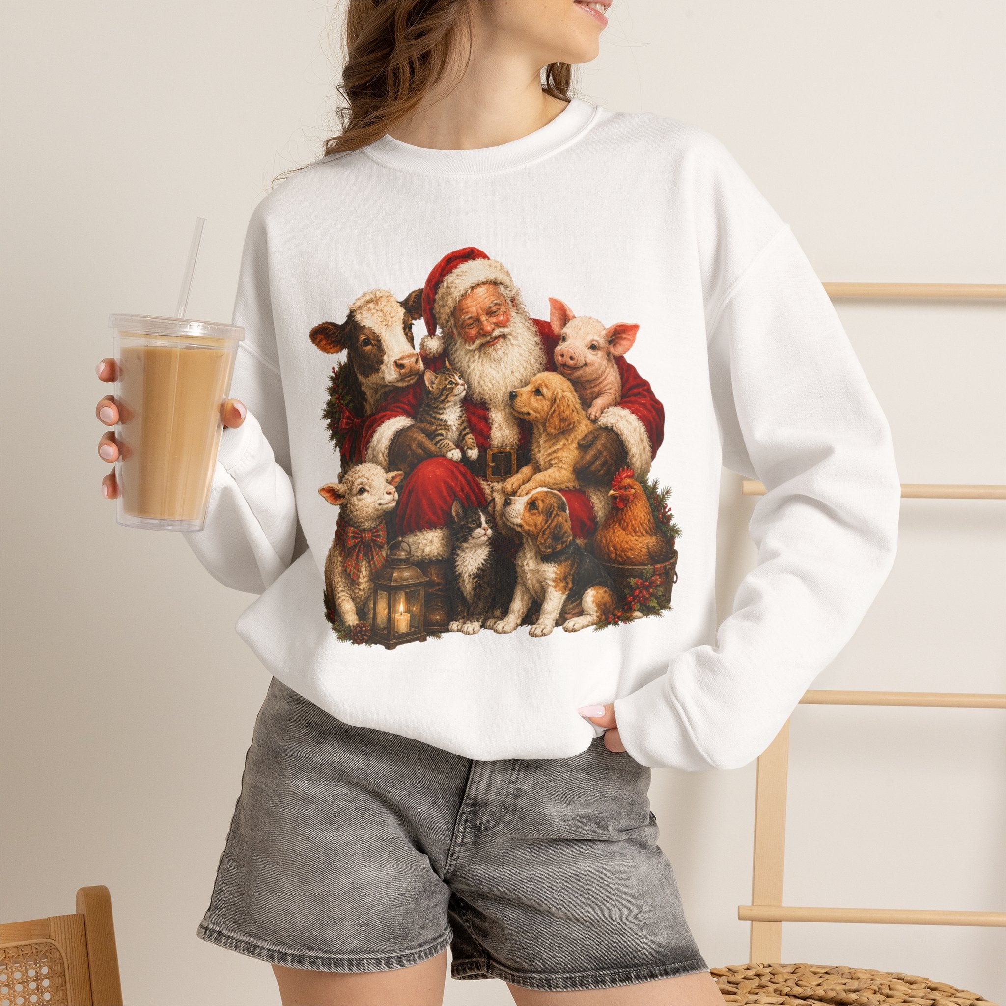 Santa with Farm Animals Sweatshirt — Vintage Christmas Crewneck