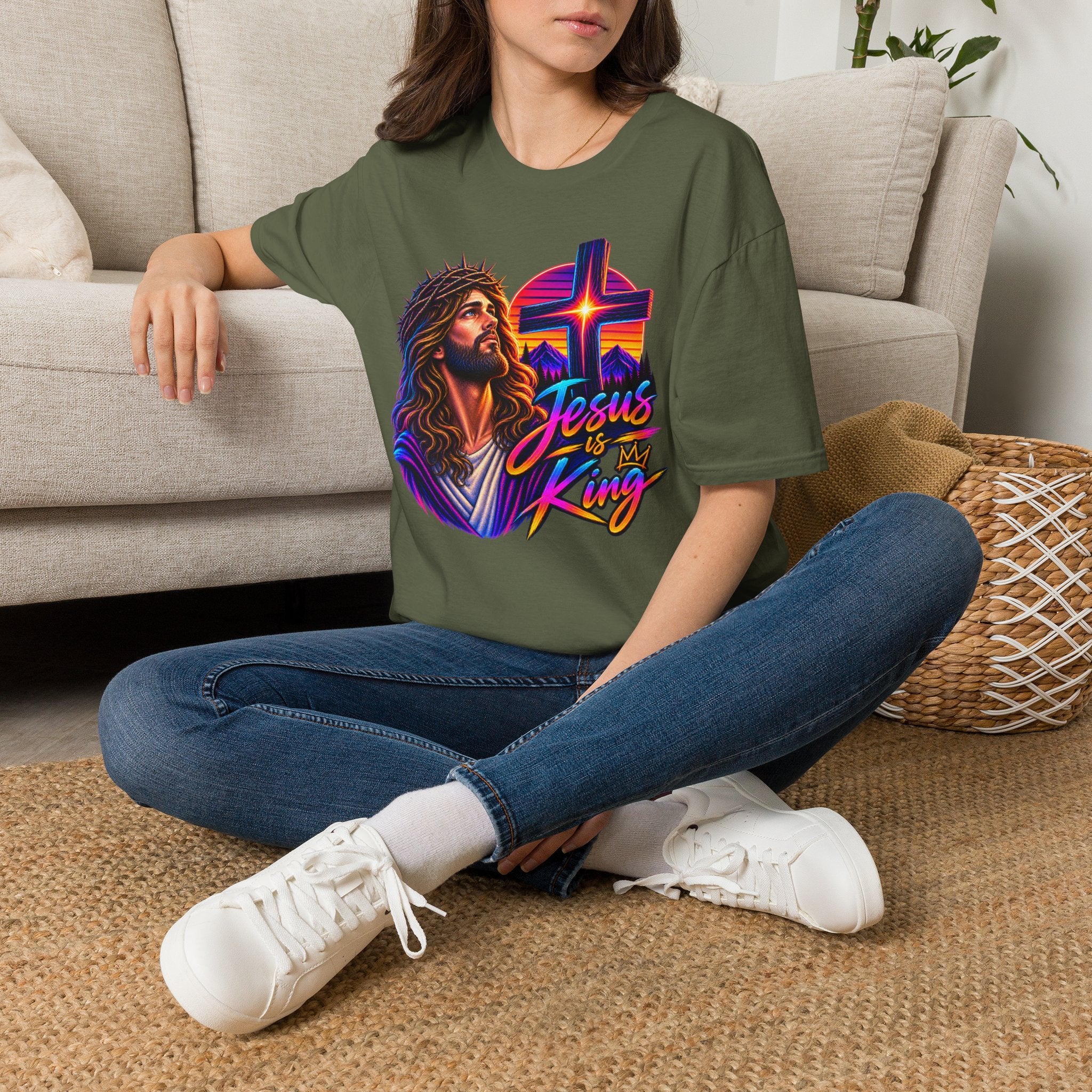 Jesus Is King T‑Shirt — Retro Neon Cross & Christ Portrait