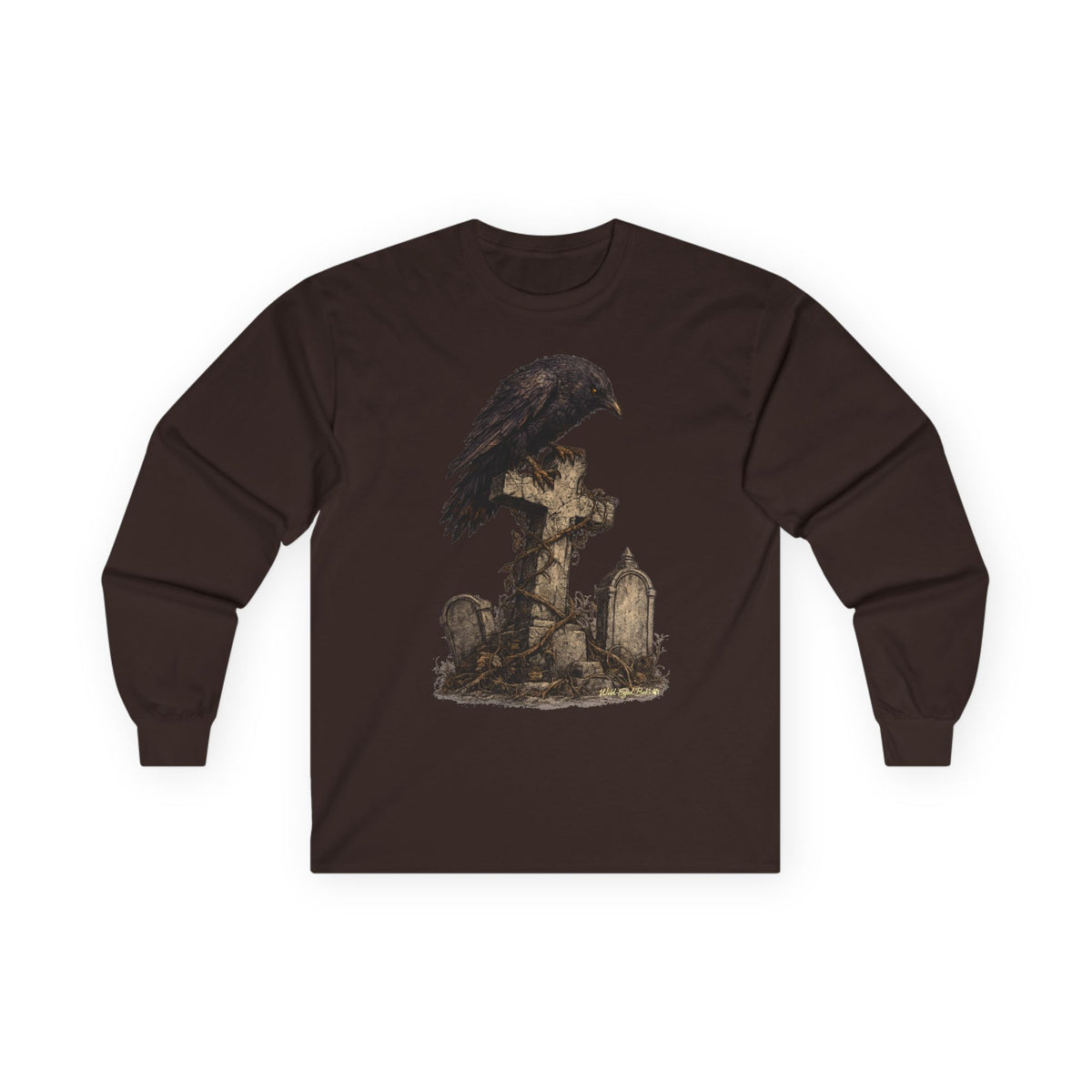 Raven on Gothic Graveyard Cross Long Sleeve Tee-Goth Halloween