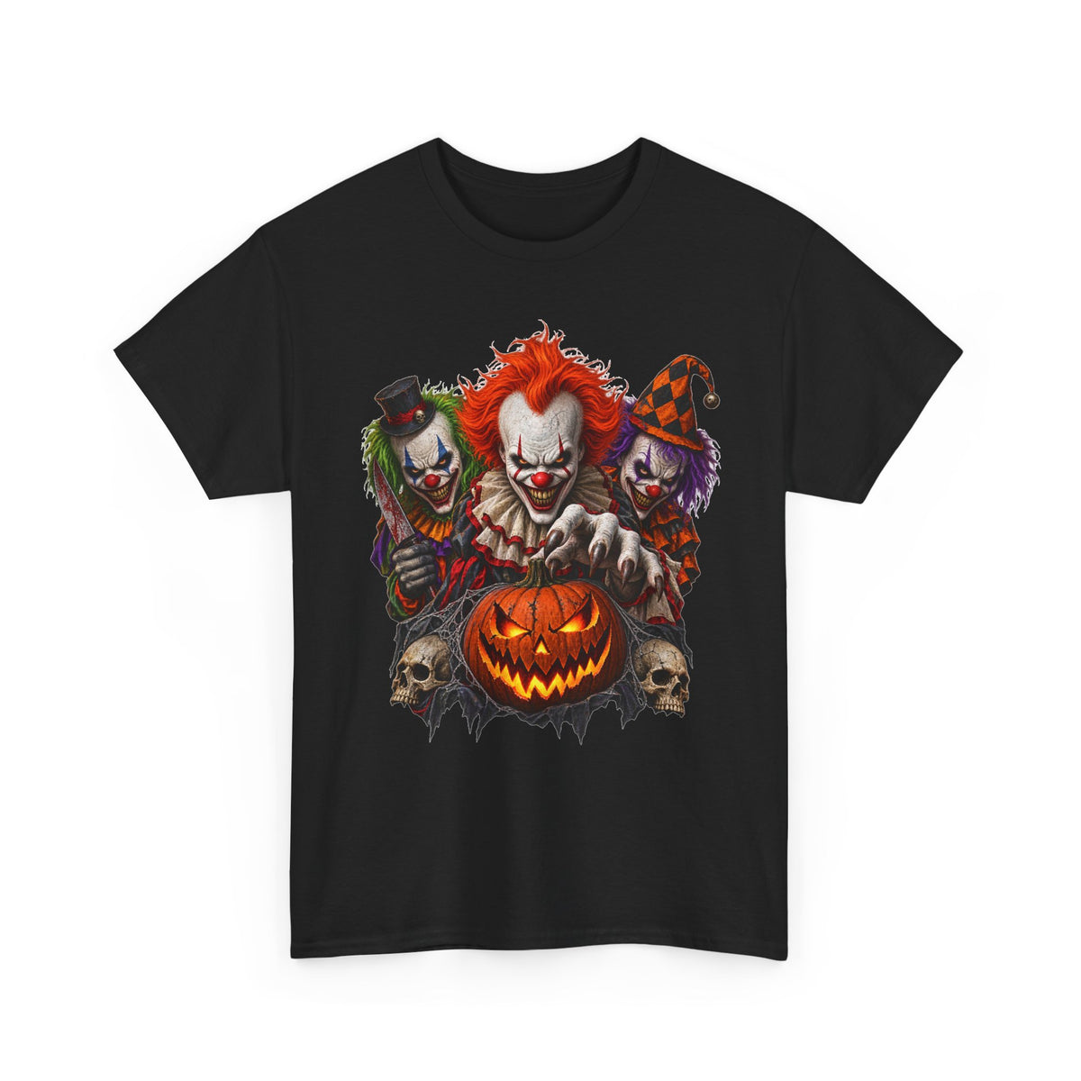 Horror Clown Trio Halloween T-Shirt — Scary Clown Pumpkin Design