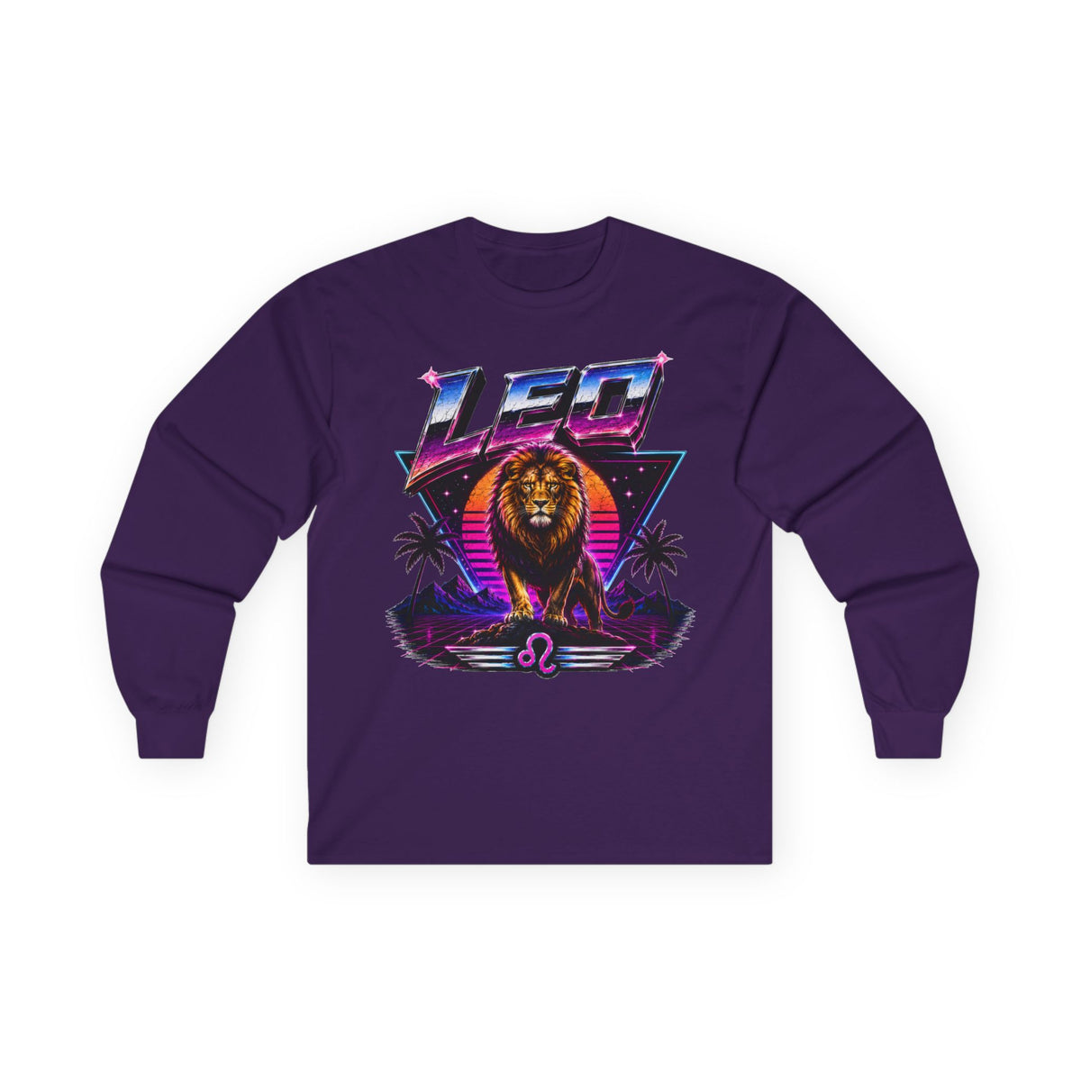 Leo Zodiac Lion Long Sleeve Tee — Retro Sunset Astrology Shirt