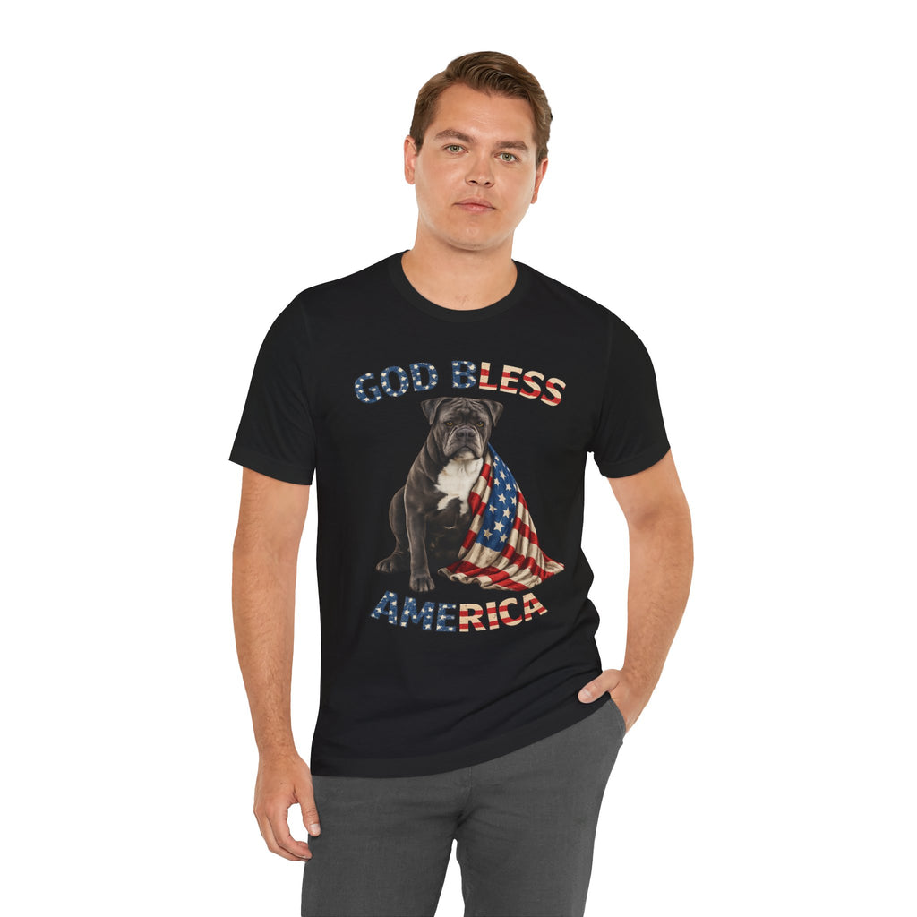 Patriotic Bulldog Tee – "God Bless America" USA Flag Dog T-Shirt
