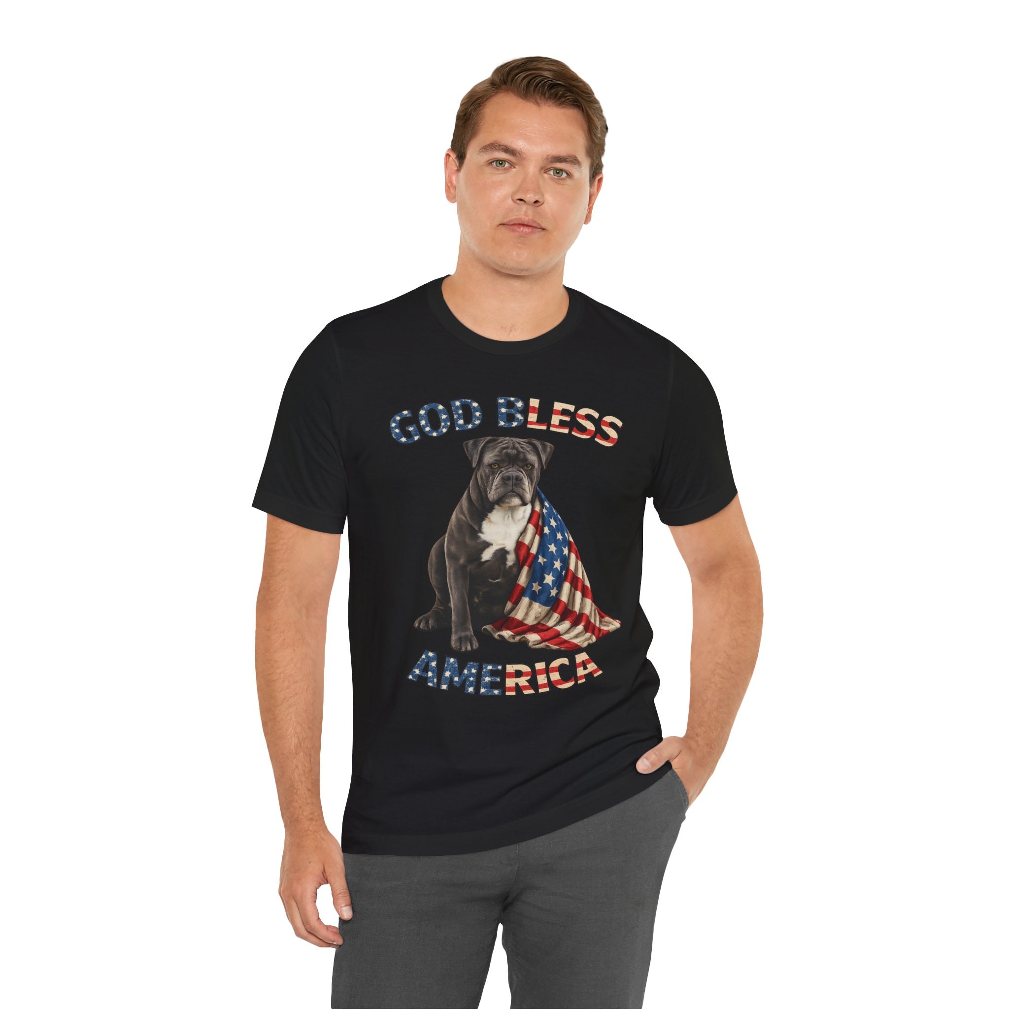 Patriotic Bulldog Tee – "God Bless America" USA Flag Dog T-Shirt