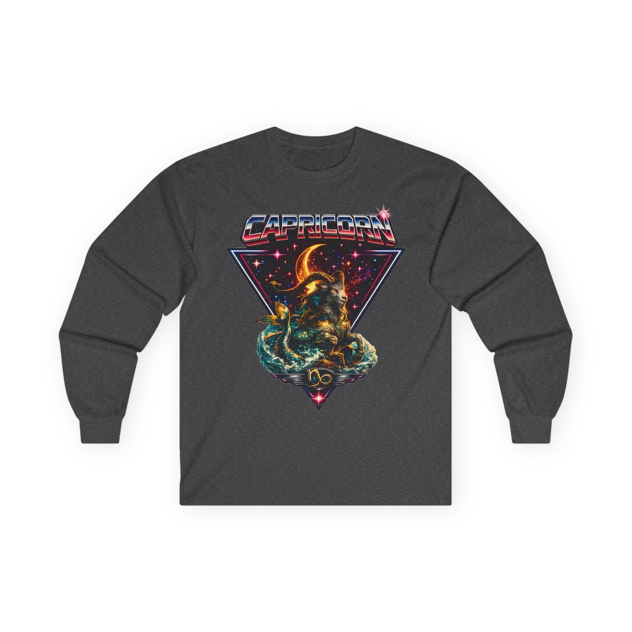 Capricorn Retro Zodiac Long Sleeve Tee-Vintage 80s Celestial Sea-Goat Design