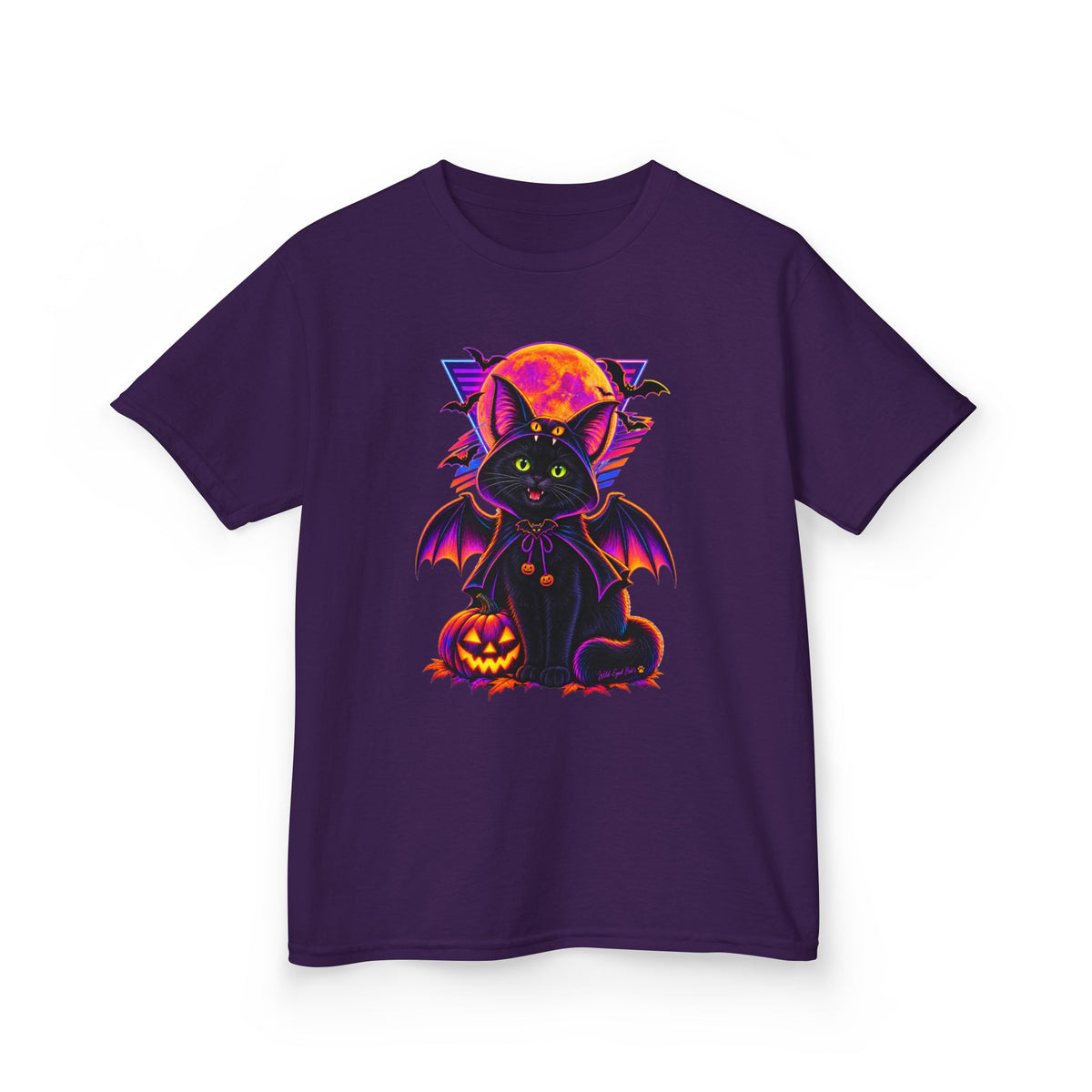 Kids Halloween Vampire  Bat Cat T-Shirt — Cute Black Cat with Pumpkin & Full Moon