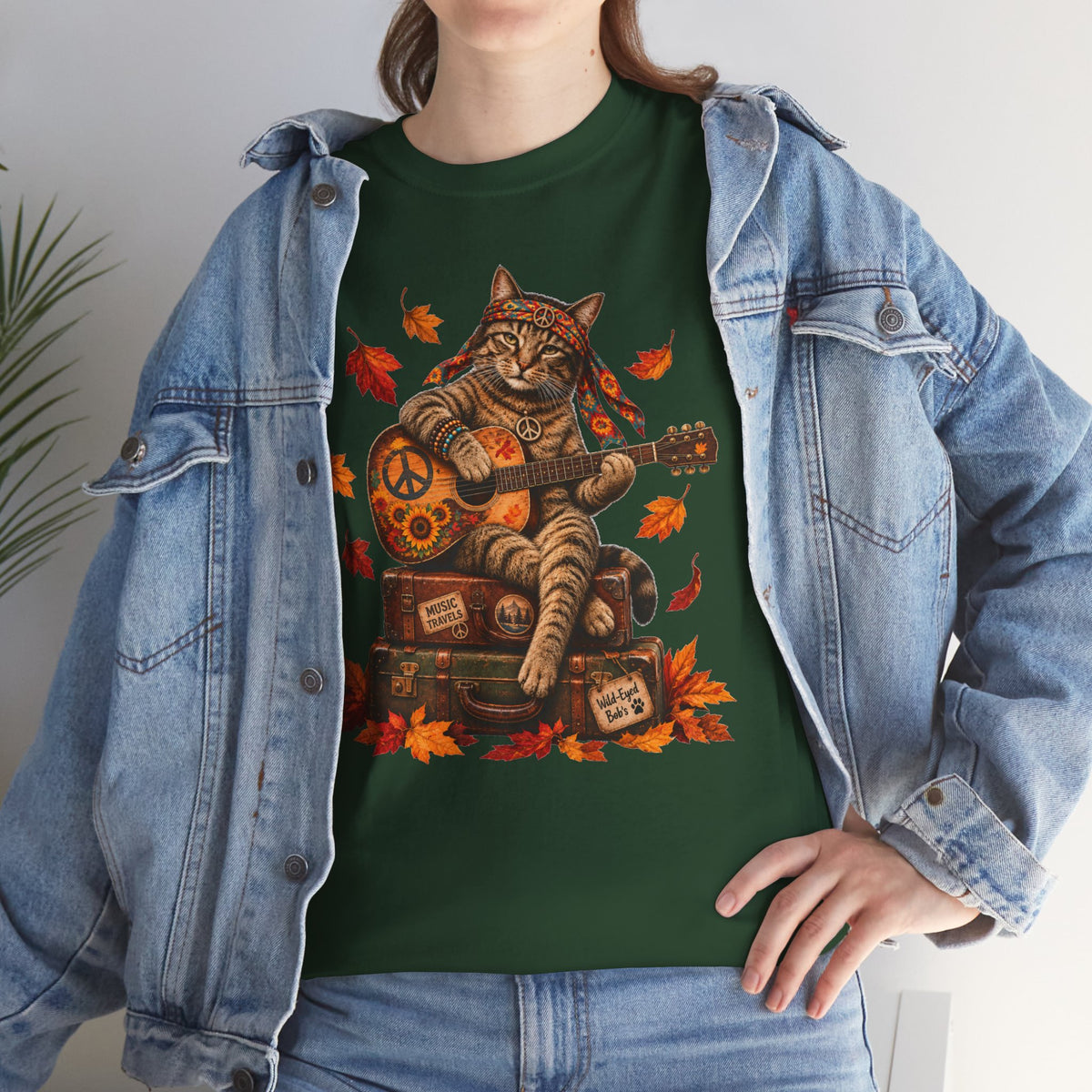 Boho  Cat Guitar T-Shirt - Hippie cat fall shirt, Peace Love Music Tee