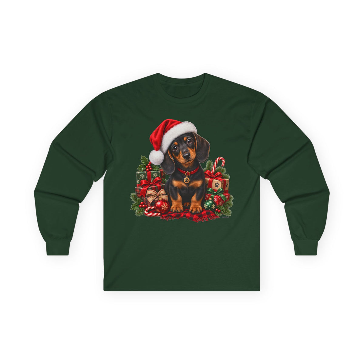 Dachshund Christmas Long Sleeve Tee - Santa Hat Puppy Holiday Shirt