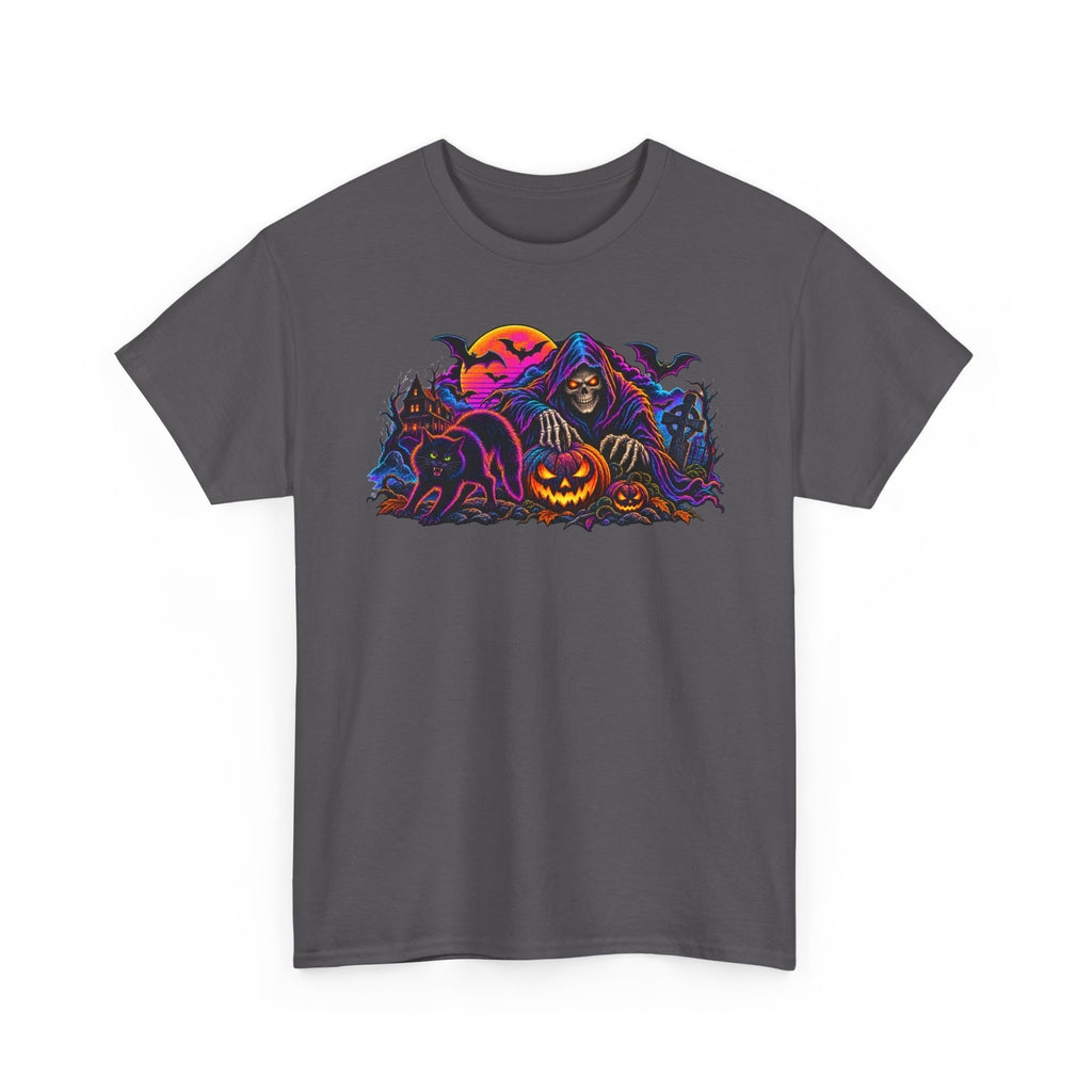 Halloween Grim Reaper Jack-O'-Lantern Tee — Retro Neon Spooky Skull Shirt