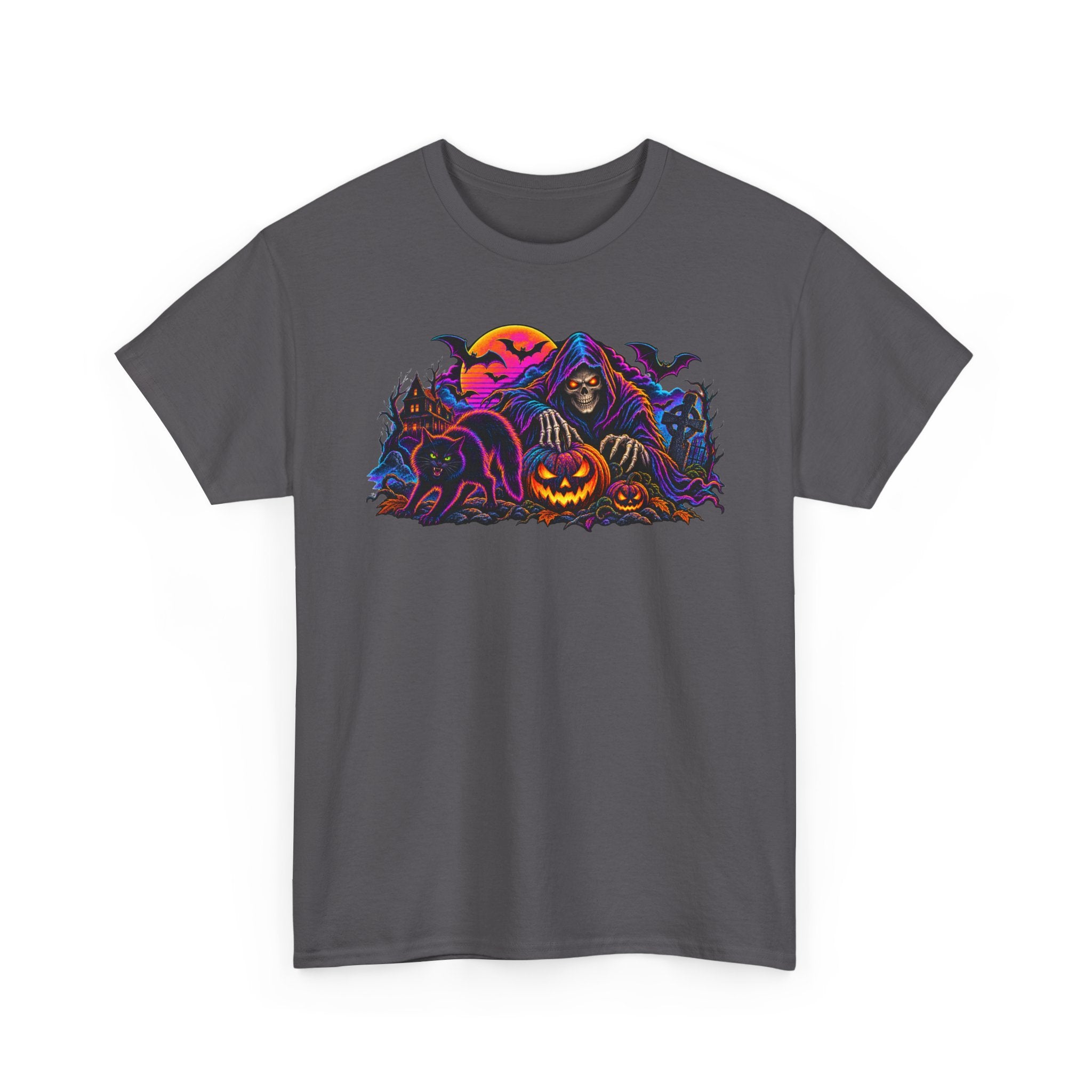 Halloween Grim Reaper Jack-O'-Lantern Tee — Retro Neon Spooky Skull Shirt