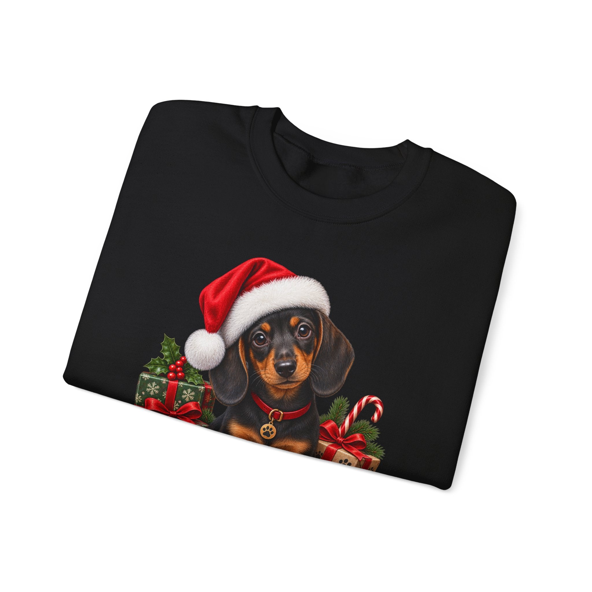 Christmas Dachshund Sweatshirt — Cute Puppy in Santa Hat Holiday Crewneck