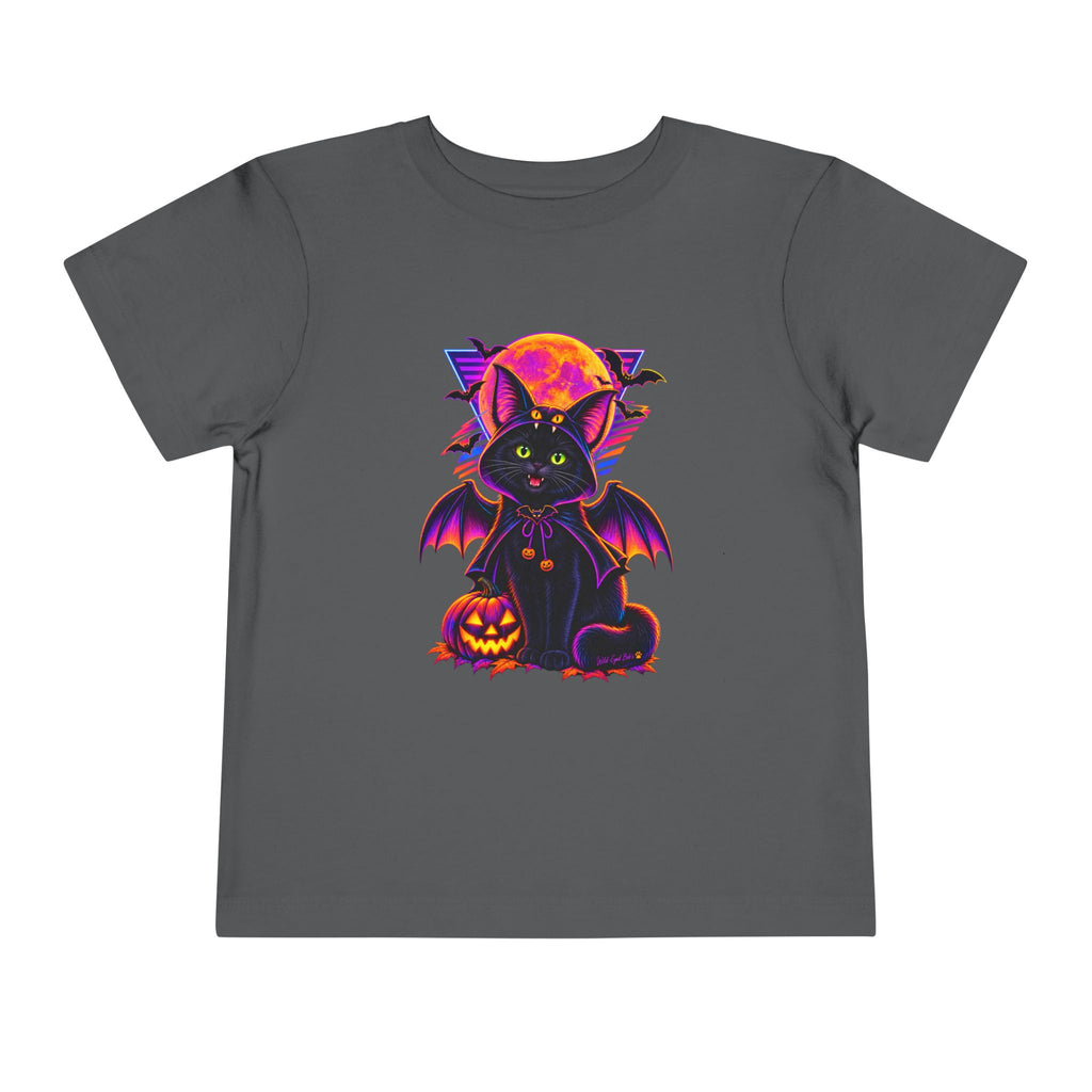 Toddler Tee — Neon Halloween Bat Cat with Pumpkin Graphic