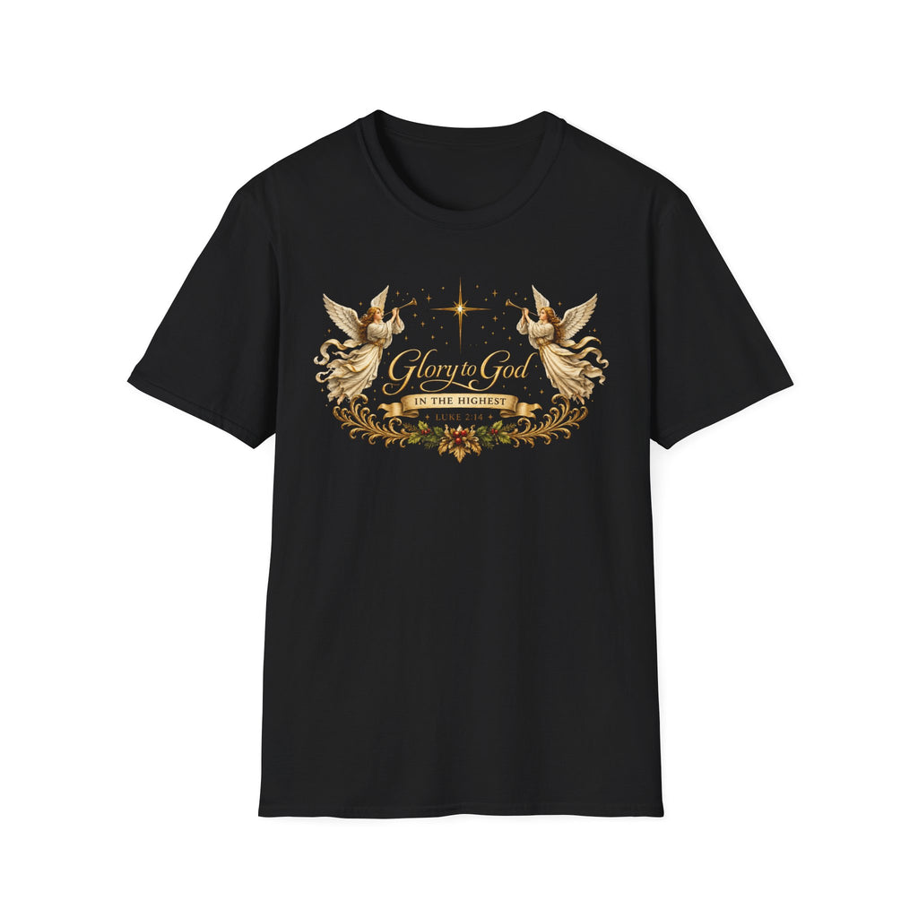Glory to God Angel Christmas T-Shirt — "In the Highest" Nativity Holiday Tee