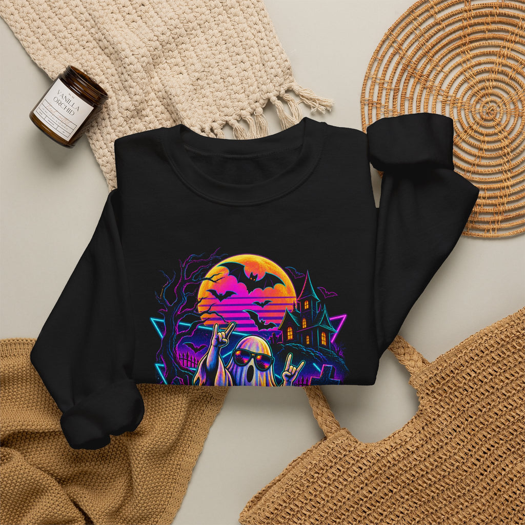 Halloween Neon Ghosts Crewneck Sweatshirt — Retro Pumpkin Haunted House Tee