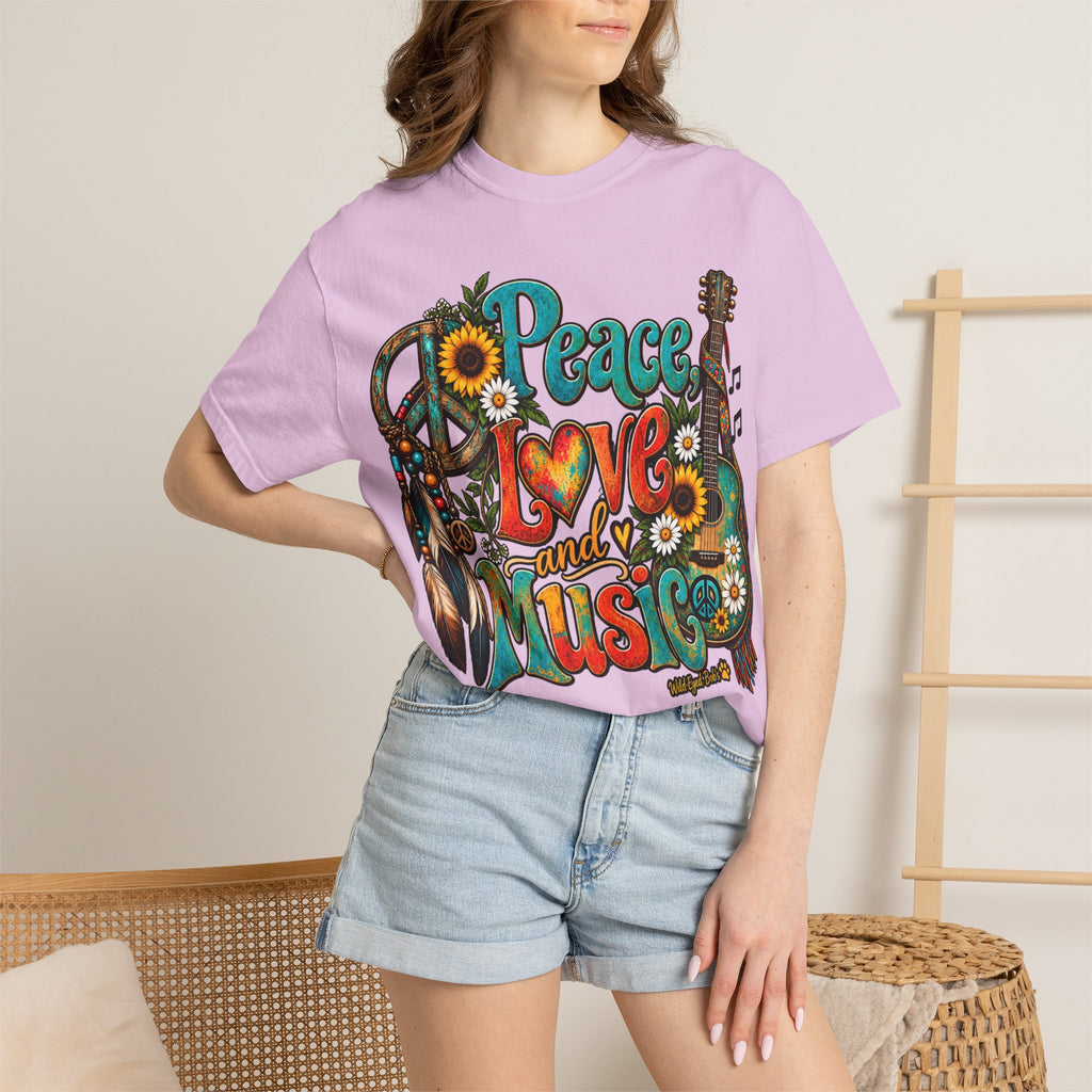 Peace, Love & Music Graphic T-Shirt — Retro Hippie Guitar Sunflower Tee