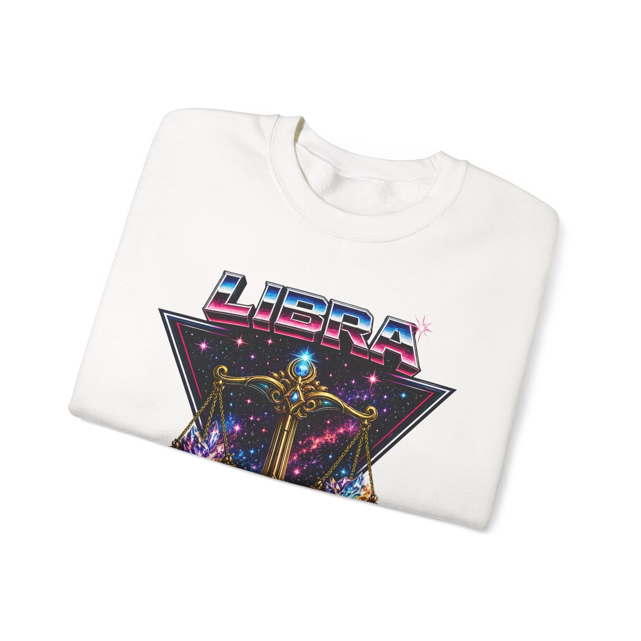 Libra Zodiac Crewneck Sweatshirt — Retro Cosmic Scales Astrology Graphic