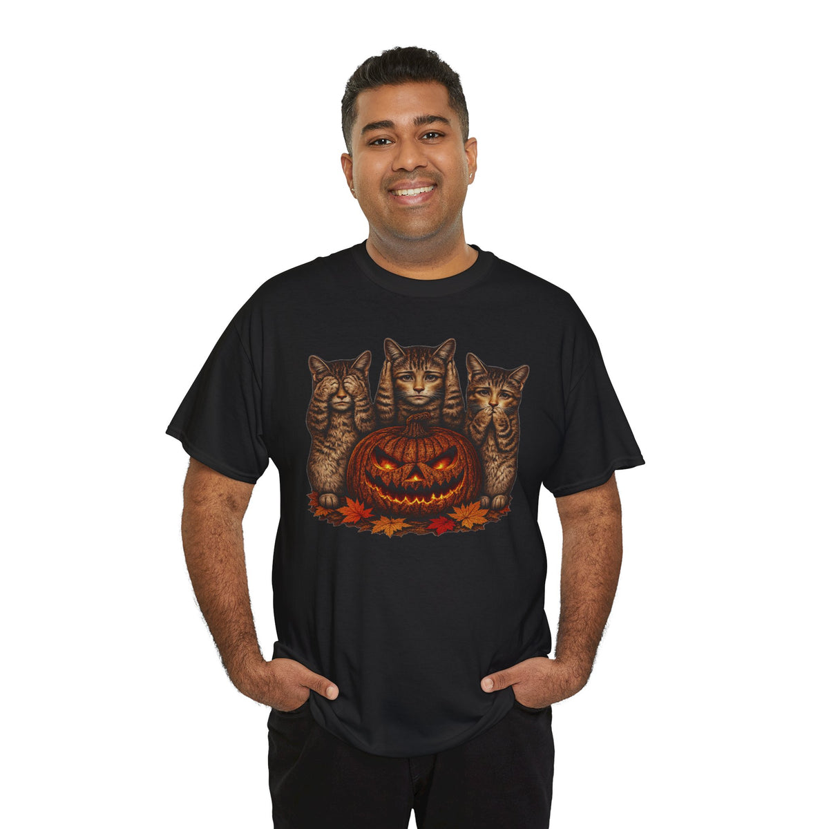 Halloween Cats T-Shirt — Trio of Kittens with Jack-O'-Lantern Fall Tee