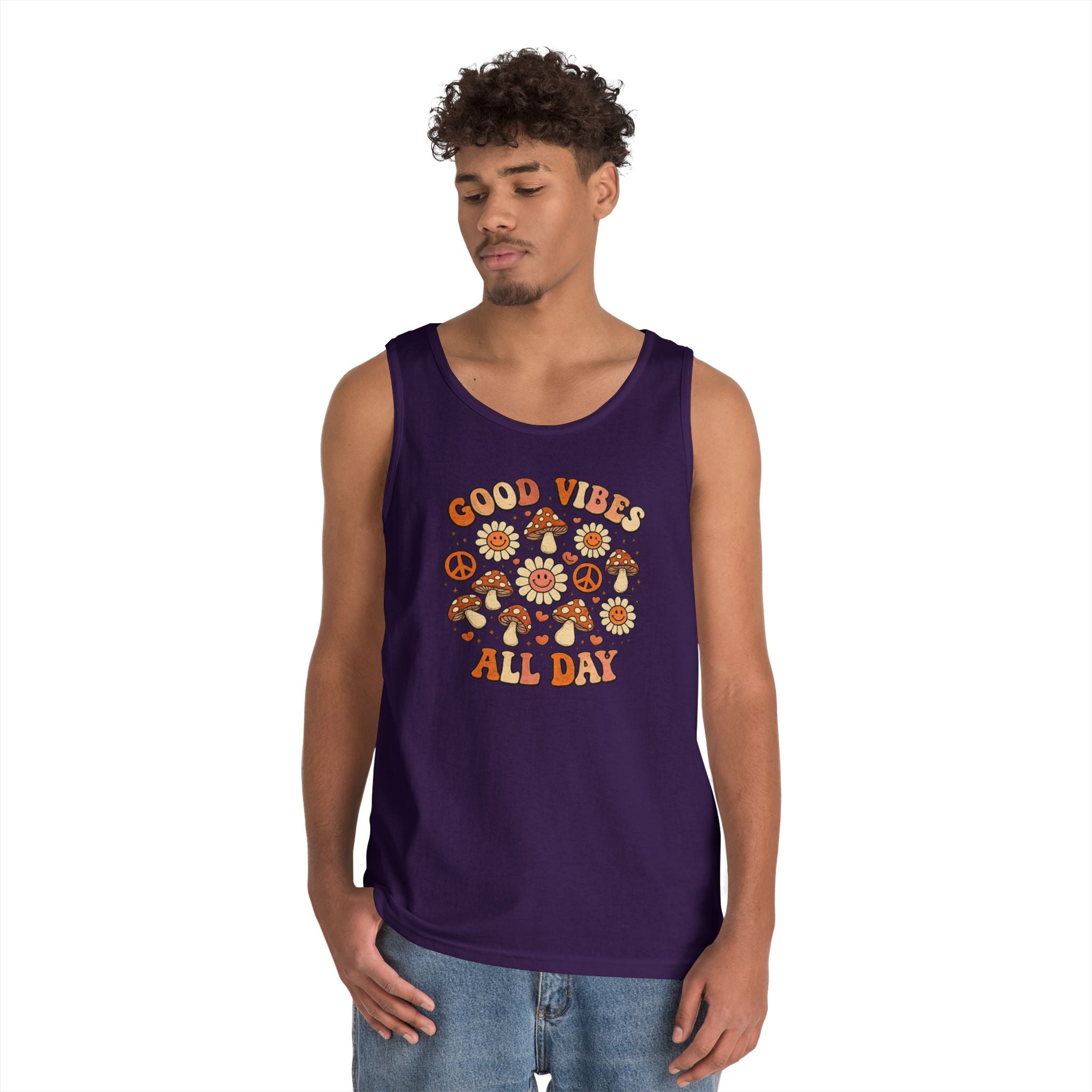 Boho-Good Vibes All Day Tank Top — Retro Mushroom Peace Floral Graphic