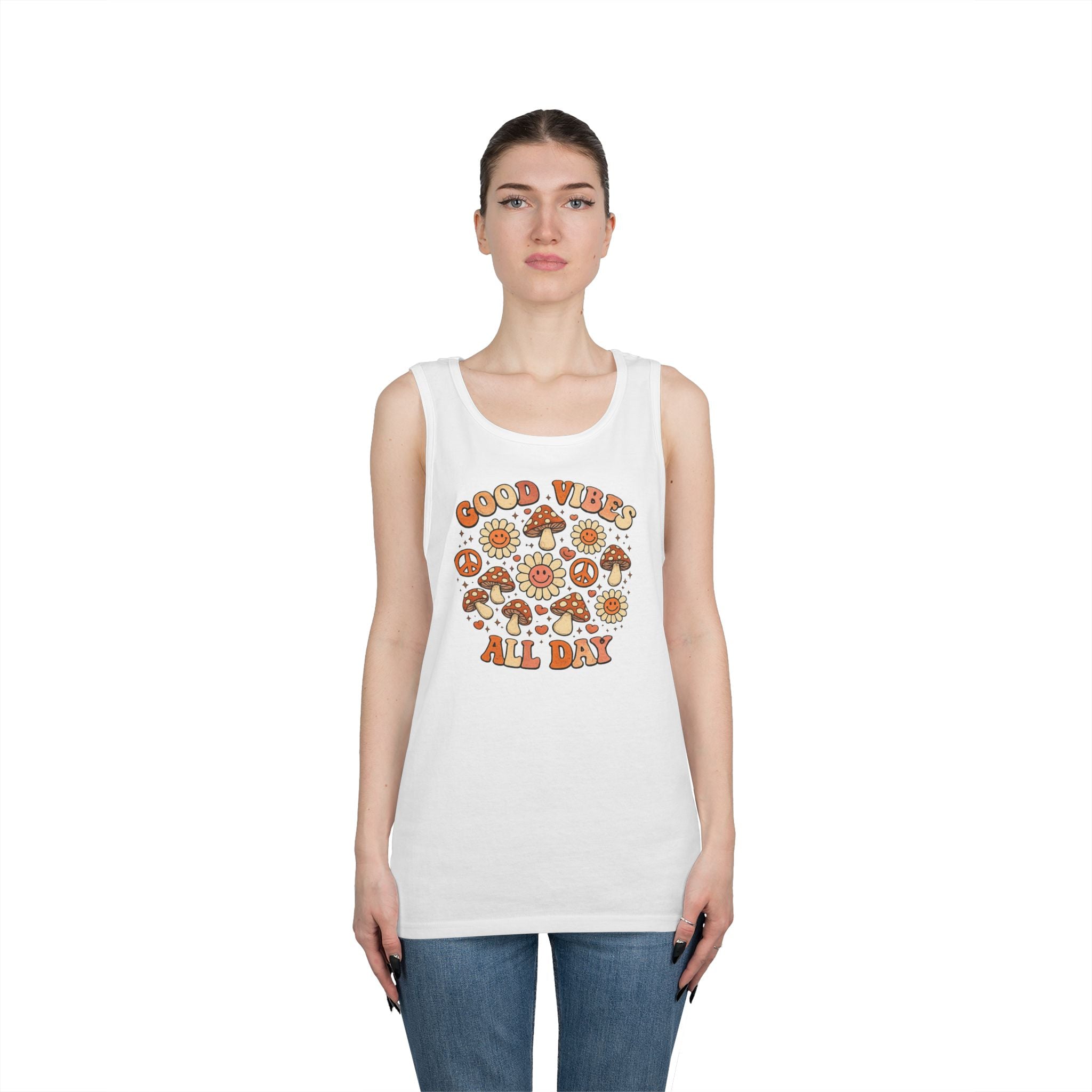 Boho-Good Vibes All Day Tank Top — Retro Mushroom Peace Floral Graphic