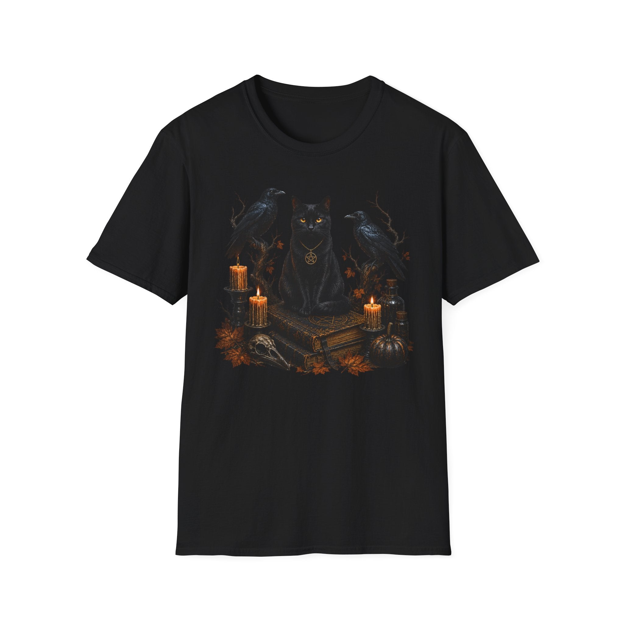 Occult Black Cat T-Shirt — Witchy Candle & Raven Spell Design