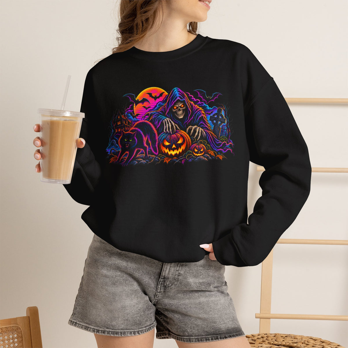 Halloween Crewneck Sweatshirt — Neon Haunted Pumpkin & Grim Reaper Design