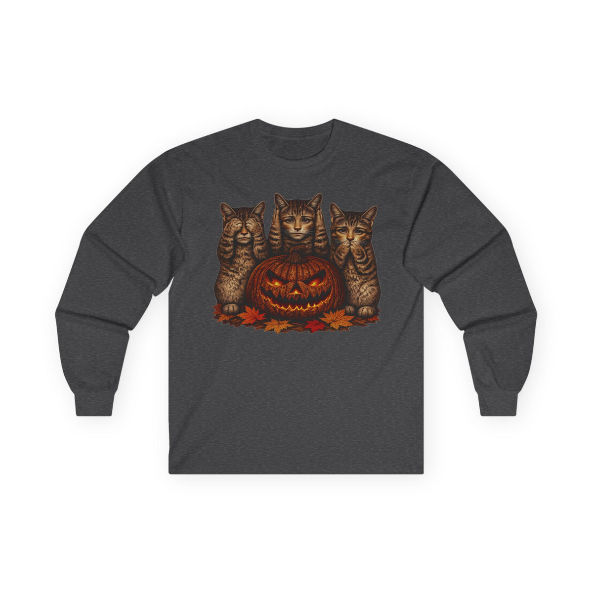 Anthropomorphic Trio Of  Cats Long Sleeve Tee — Three Kittens with Jack-O'-Lantern Graphic