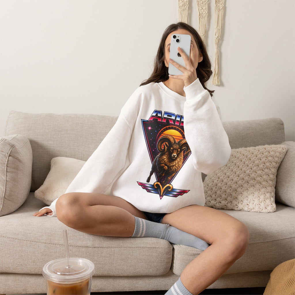 Aries Zodiac Crewneck Sweatshirt — 80s Retro Ram Astrology Graphic