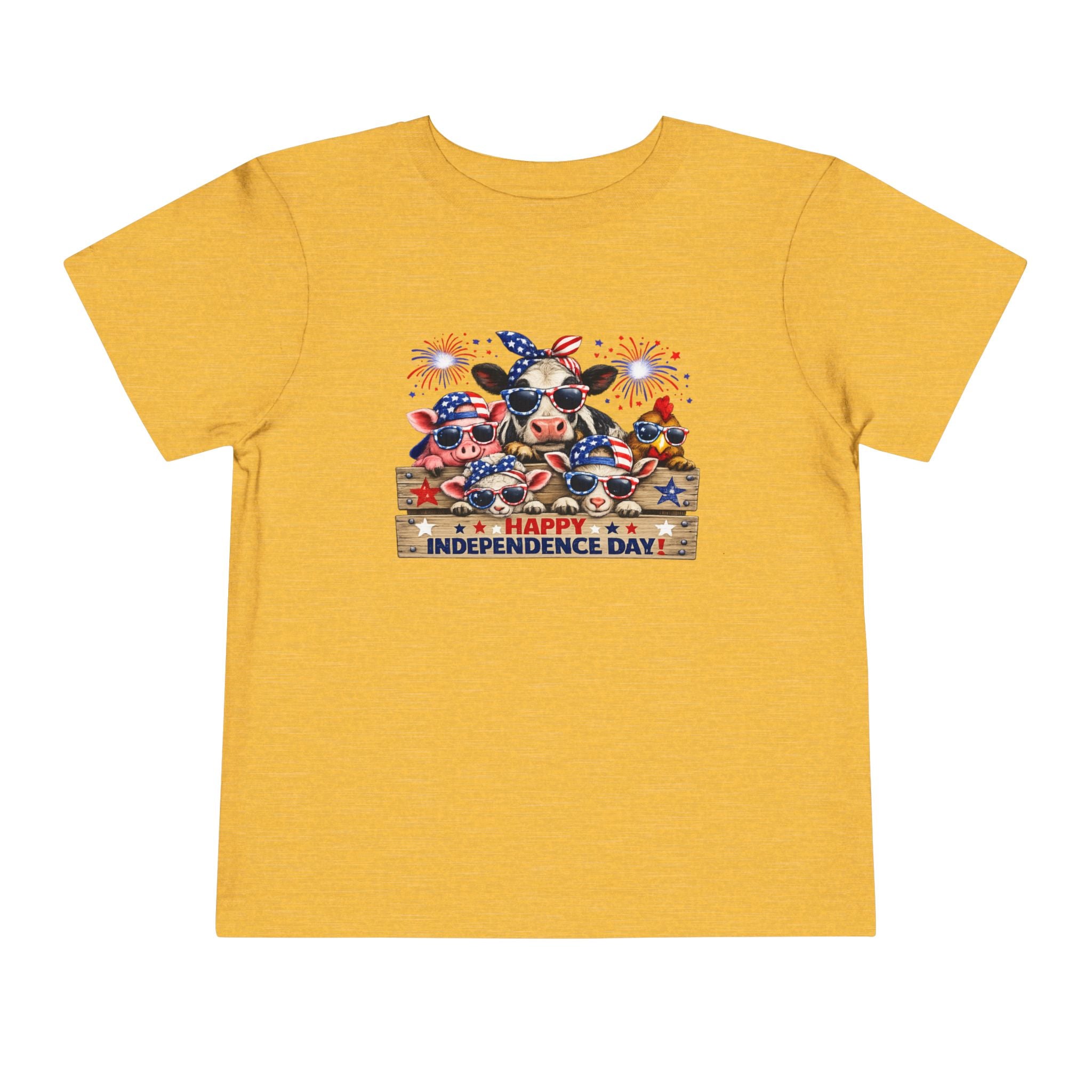Happy Independence Day Toddler Tee — Patriotic Farm Animals  & Fireworks 4th of July Shirt