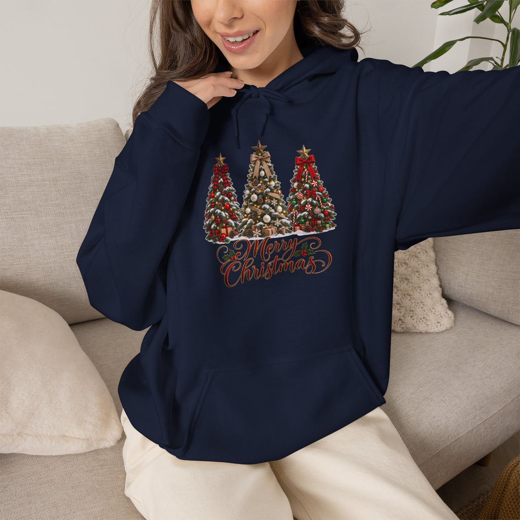 Christmas Tree Trio Hoodie – Festive Holiday Sweatshirt with 'Christmas Wishes' Design