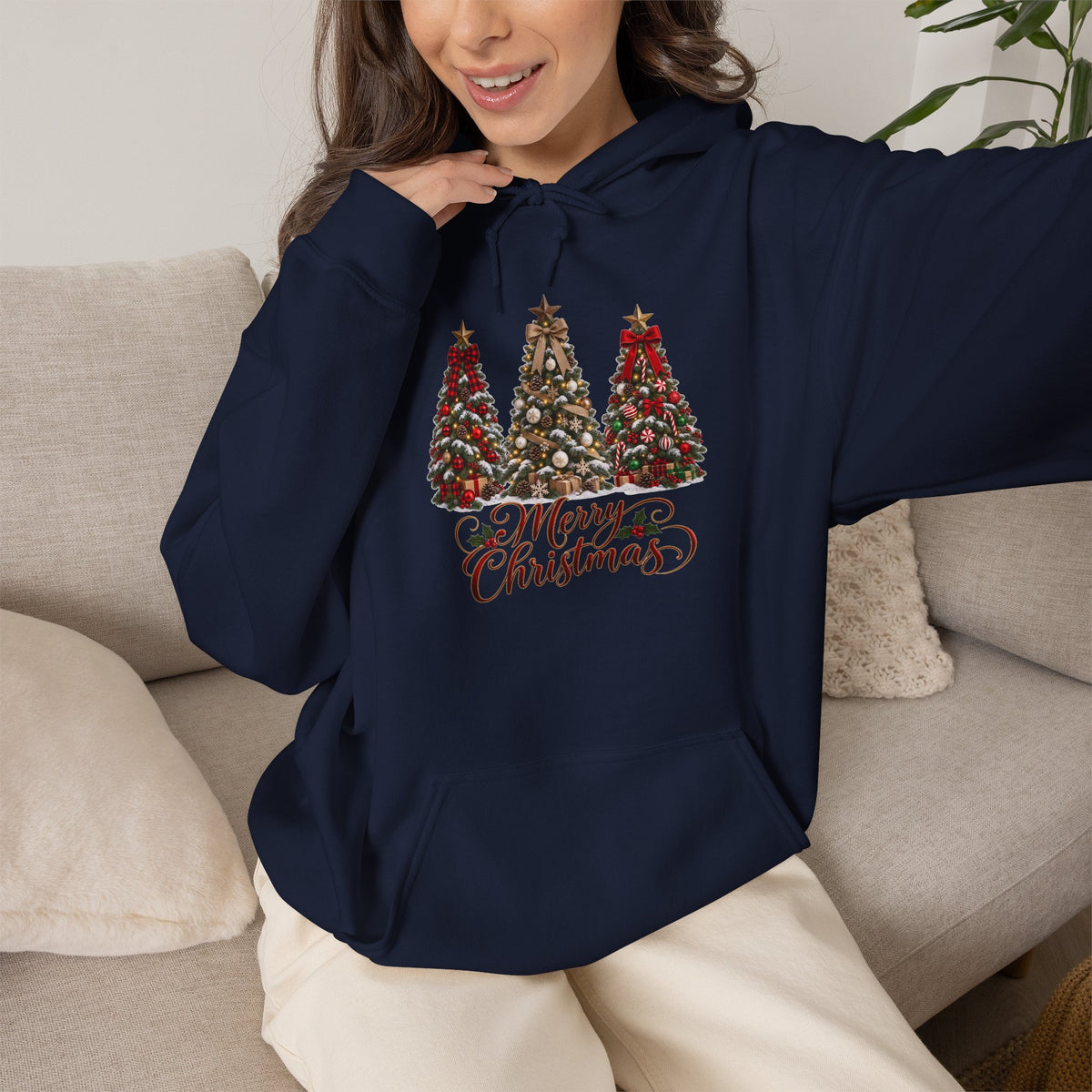 Christmas Tree Trio Hoodie – Festive Holiday Sweatshirt with 'Christmas Wishes' Design