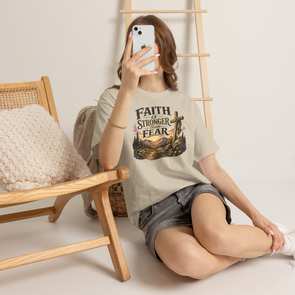 Faith Is Stronger Than Fear T-Shirt — Christian Cross Mountain Graphic Tee