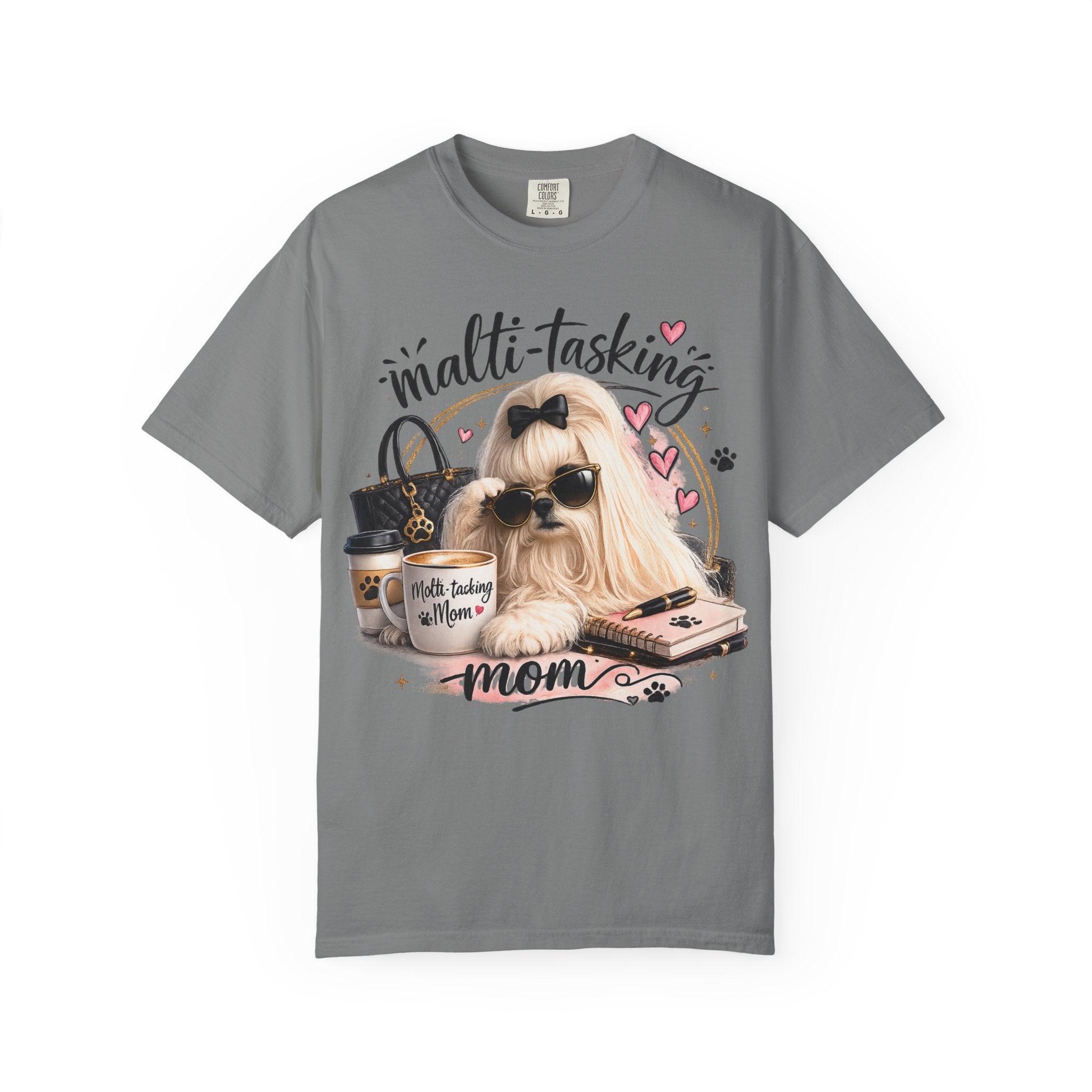 Multi-Tasking Mom T-Shirt – Cute Maltese Dog with Coffee & Handbag Graphic