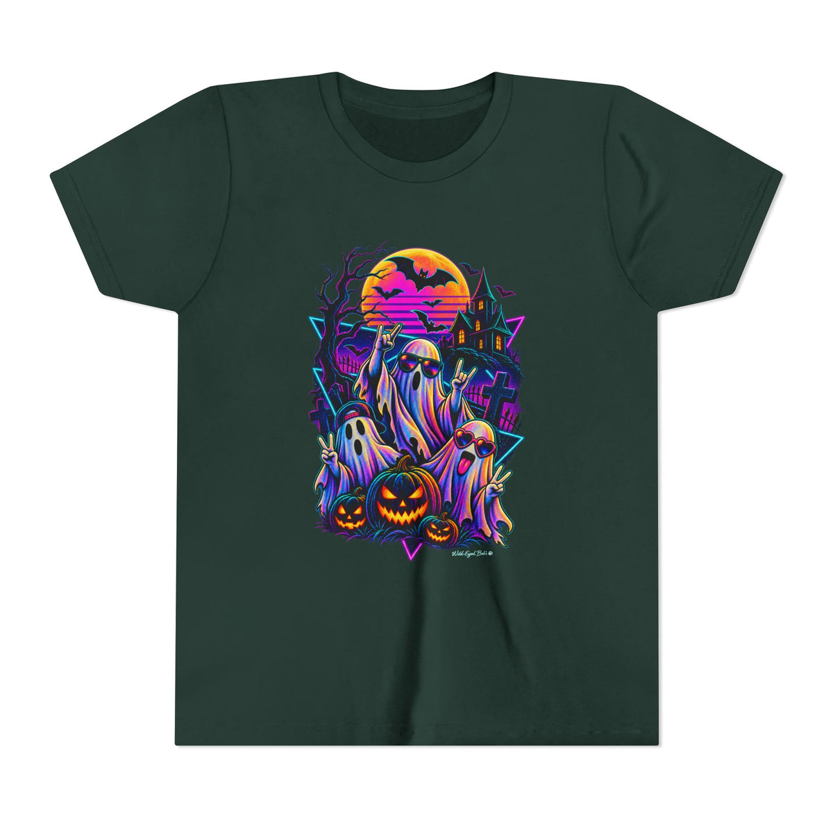 Youth Halloween Ghosts T‑Shirt — Neon Retro Pumpkin Tee