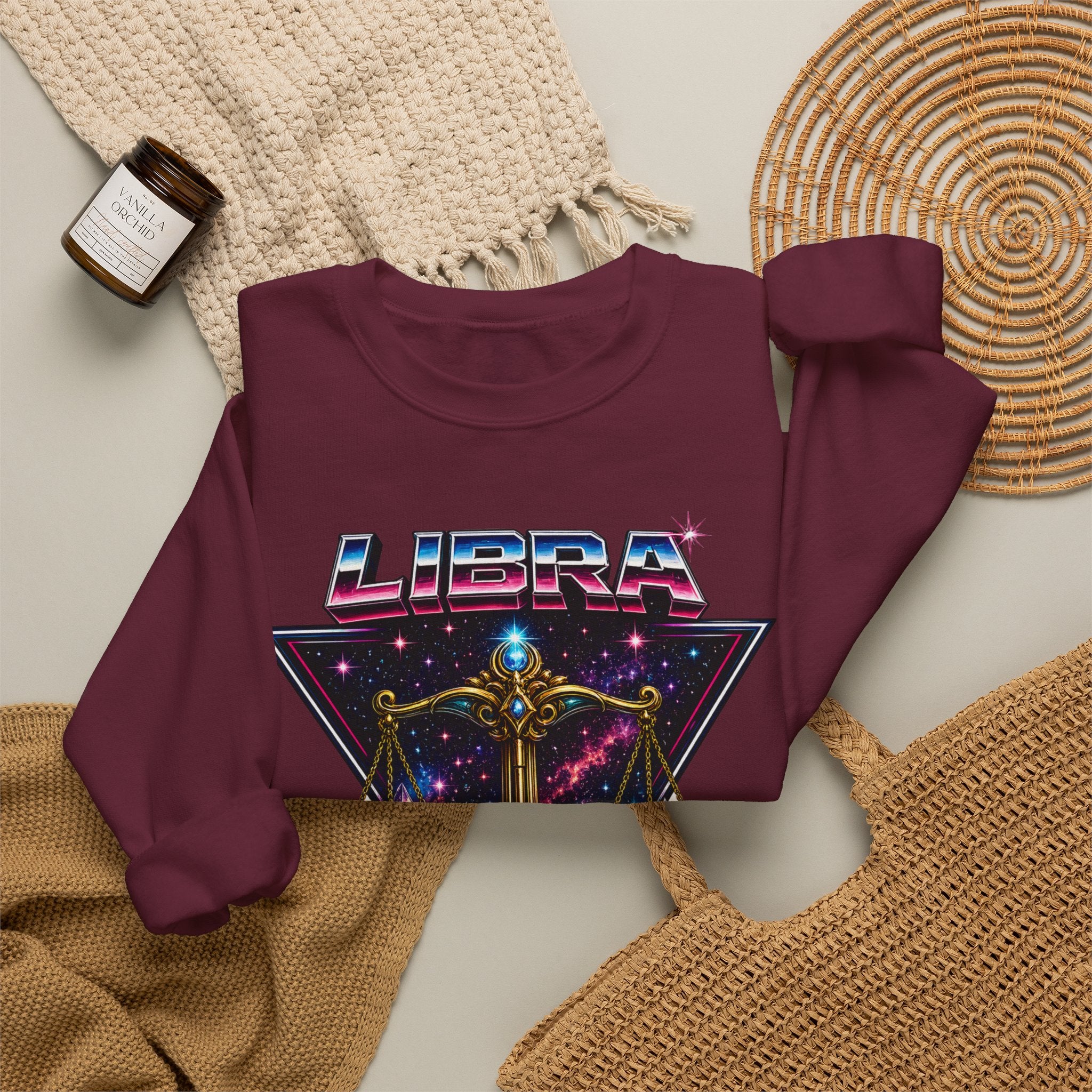 Libra Zodiac Crewneck Sweatshirt — Retro Cosmic Scales Astrology Graphic